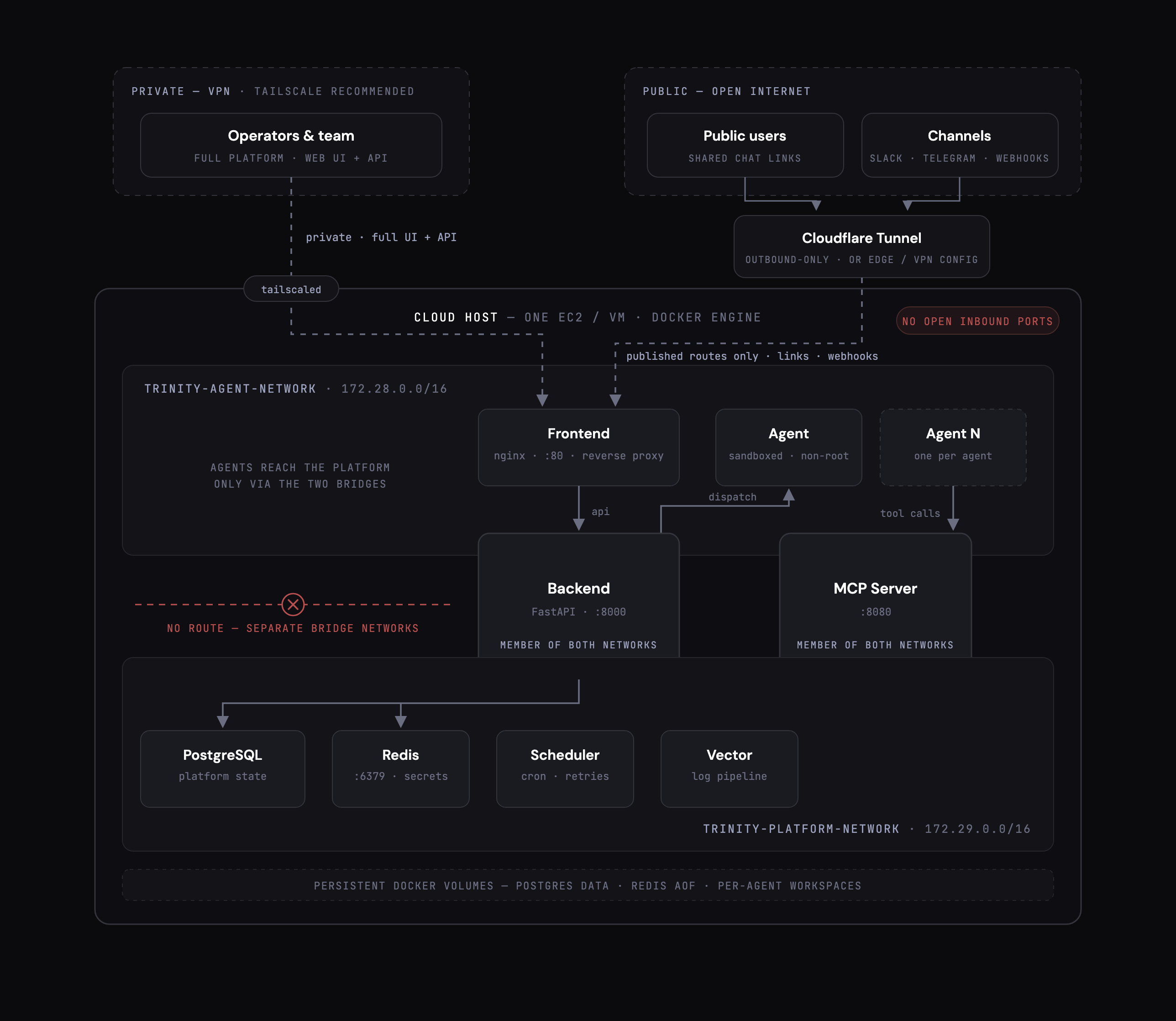 Trinity deployment topology — one host, VPN-private access, tunnel-published public endpoints, agents isolated from the data plane