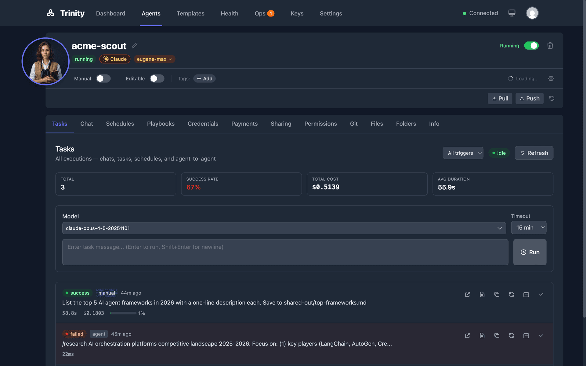 Agent detail tasks tab showing execution history