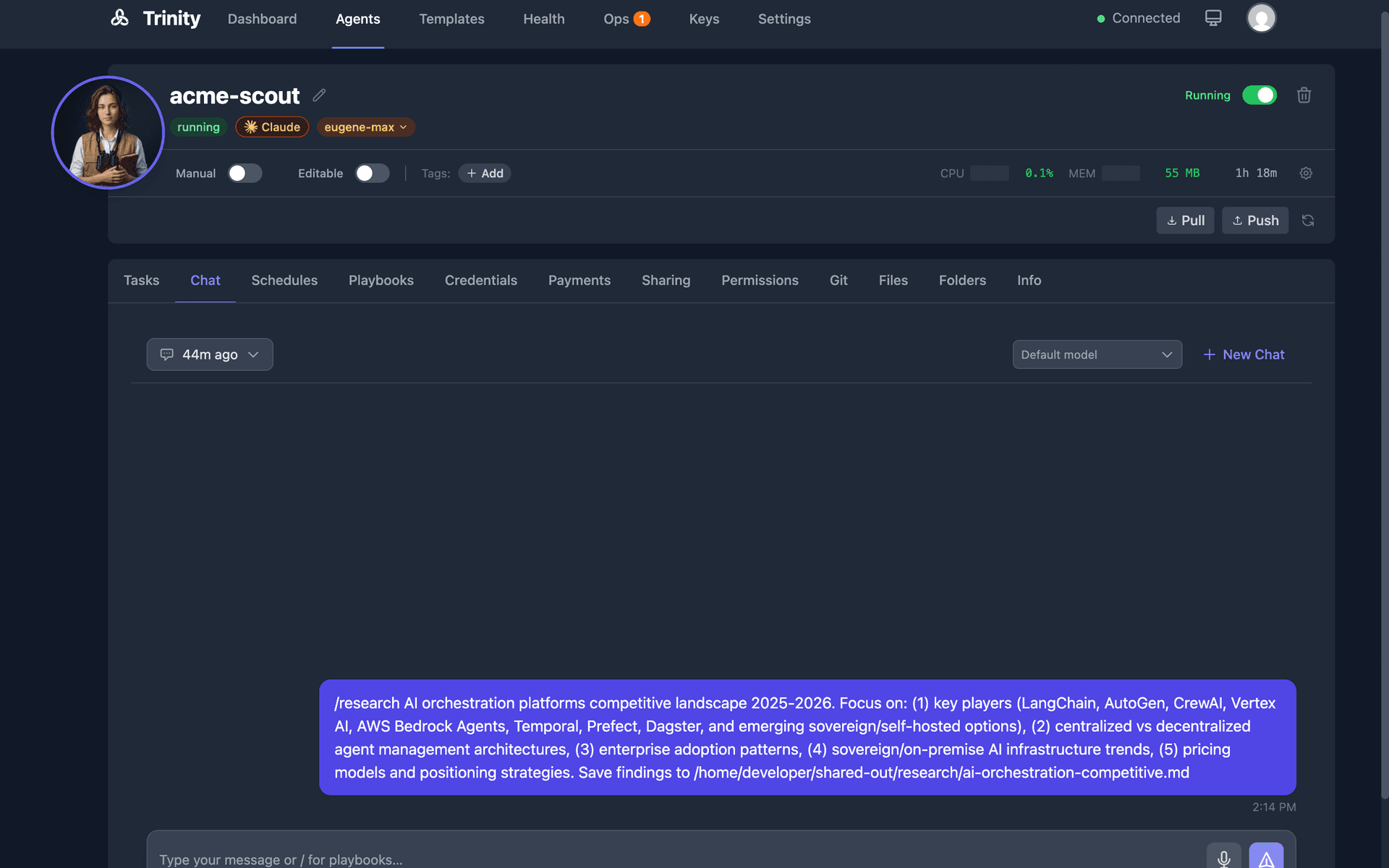 Agent chat interface with message bubbles and real-time status