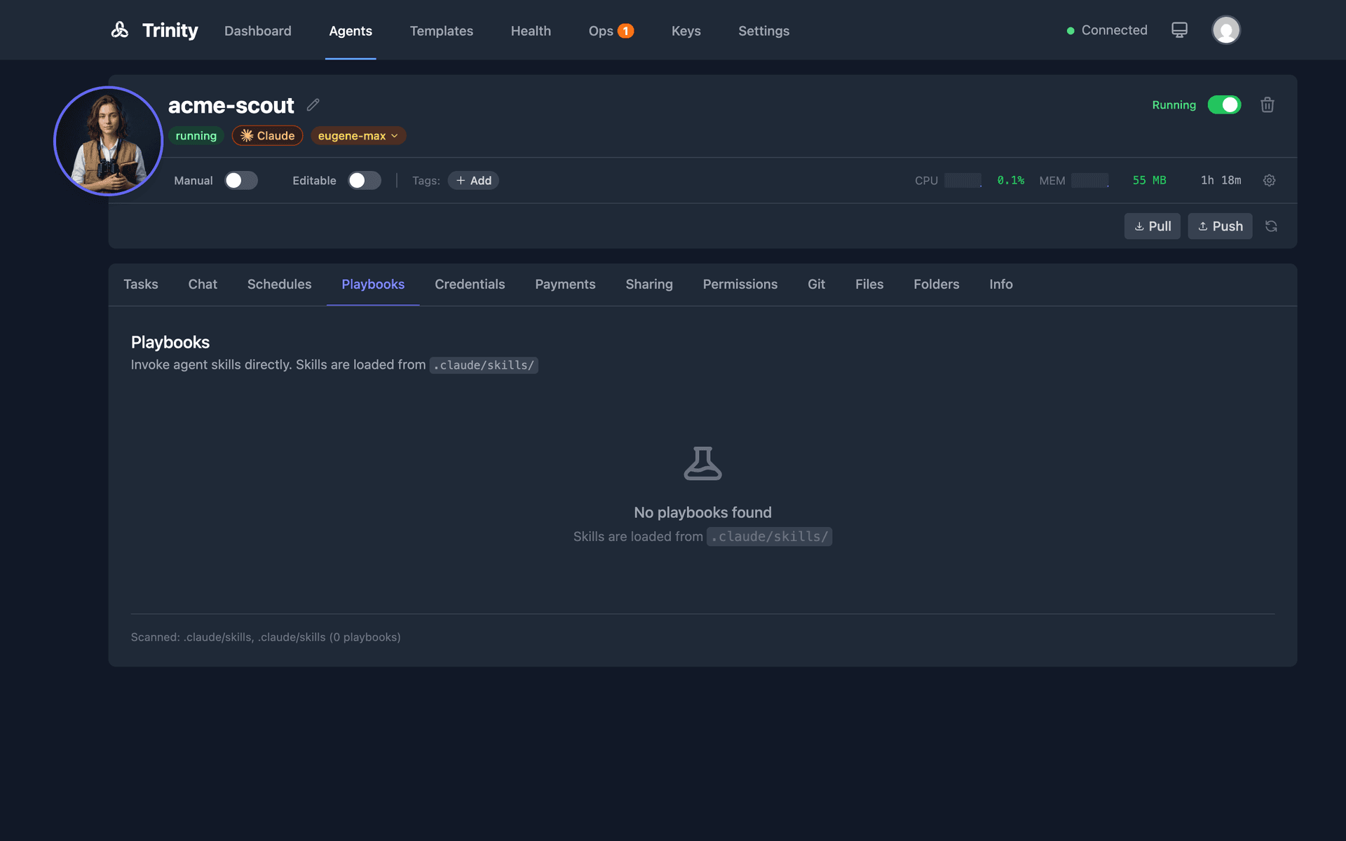 Playbooks tab showing assigned skills with Run buttons
