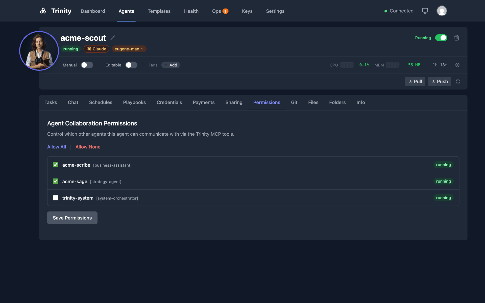 Agent detail permissions tab showing toggle checkboxes to grant or deny each agent communication access