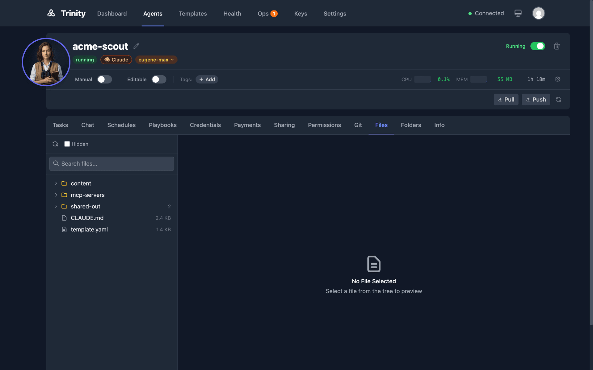 Agent file browser showing two-panel layout with file tree and preview