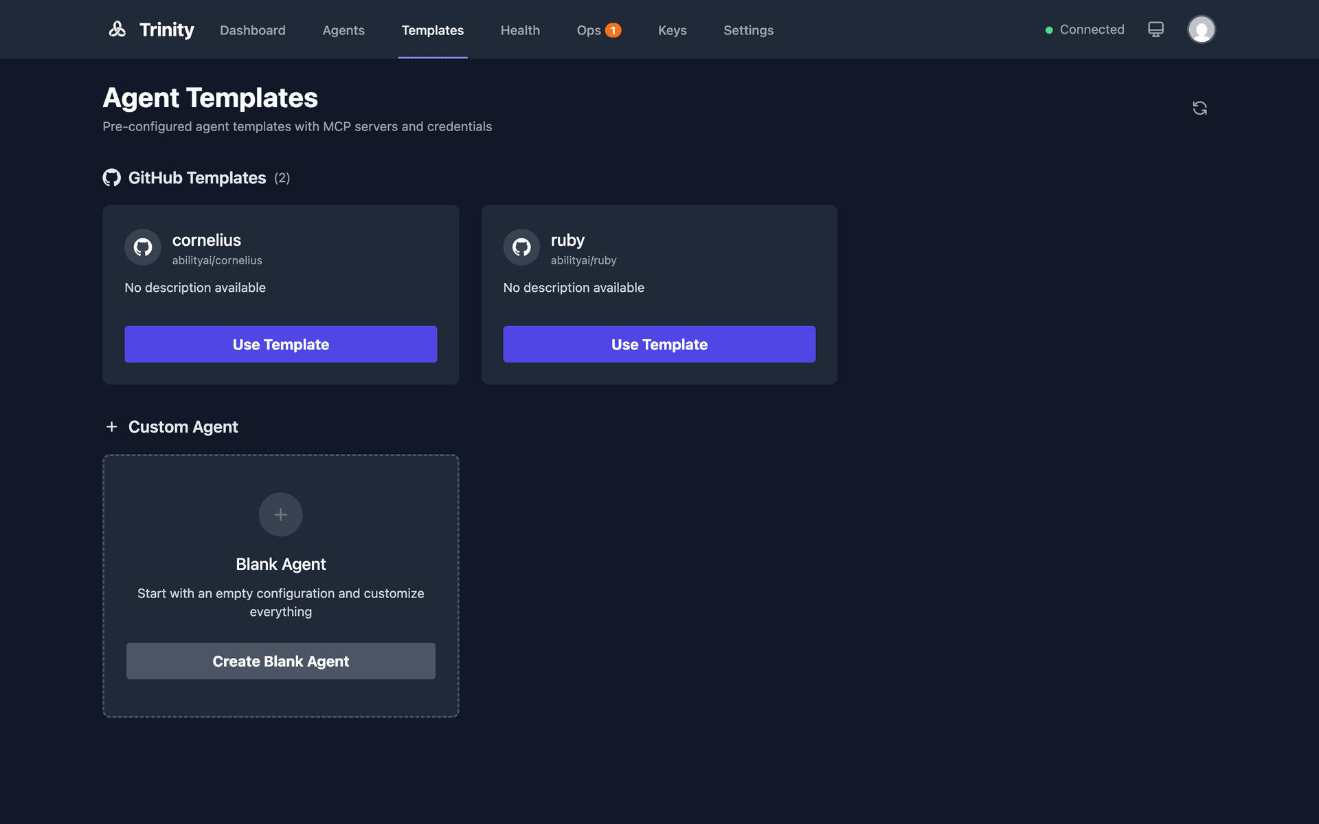 Template selection page showing available agent templates as cards