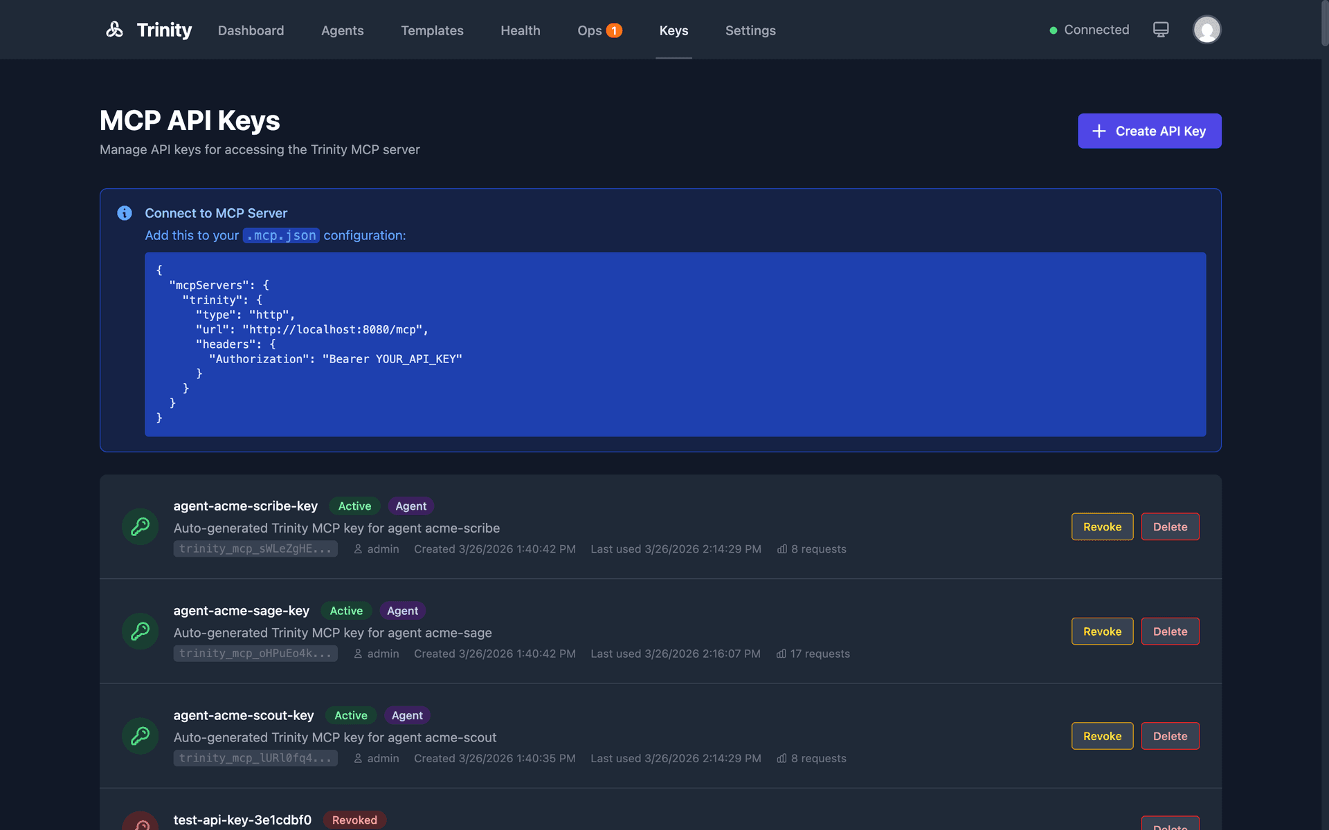 MCP API keys management interface showing key creation and listing