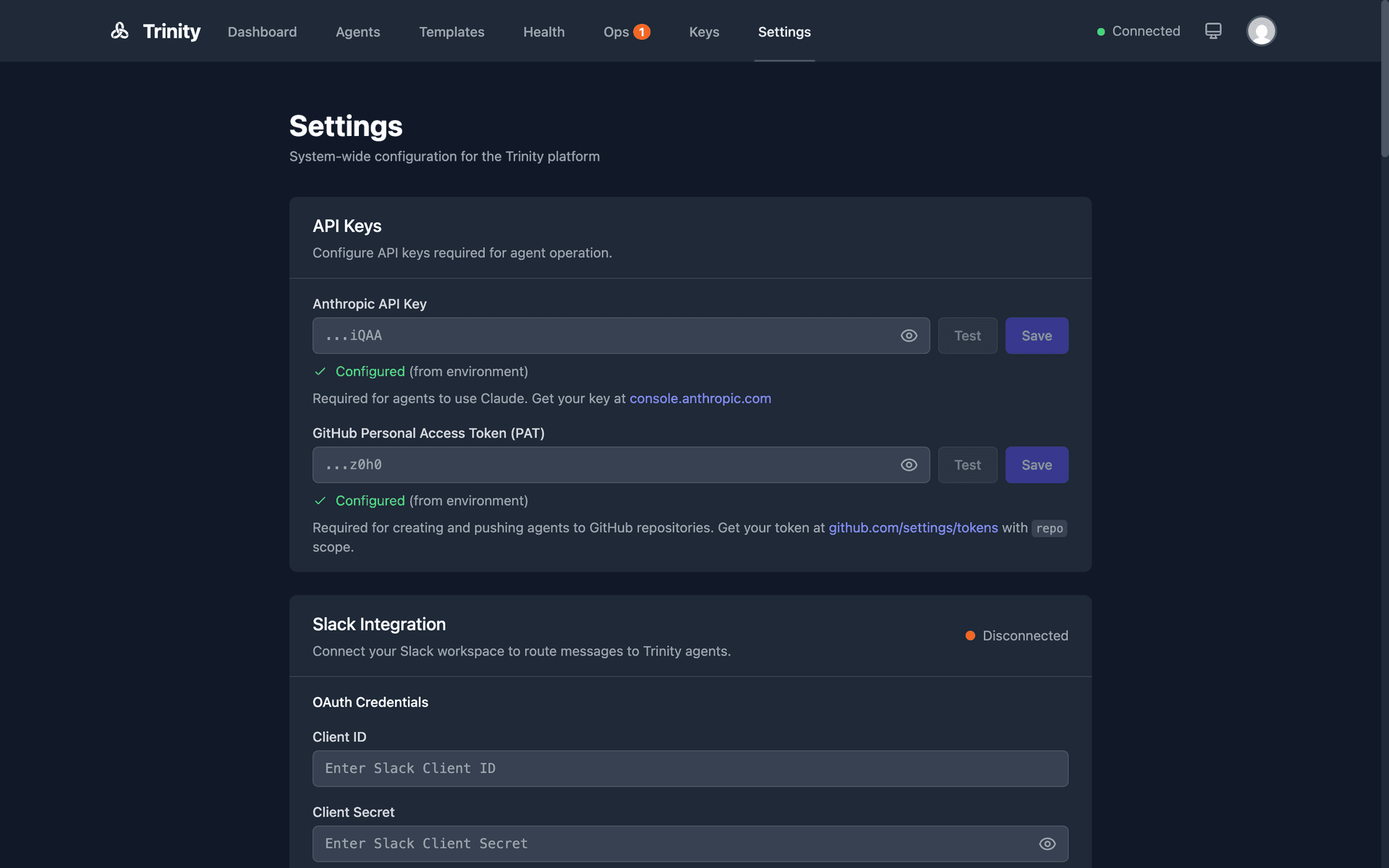 Trinity settings page