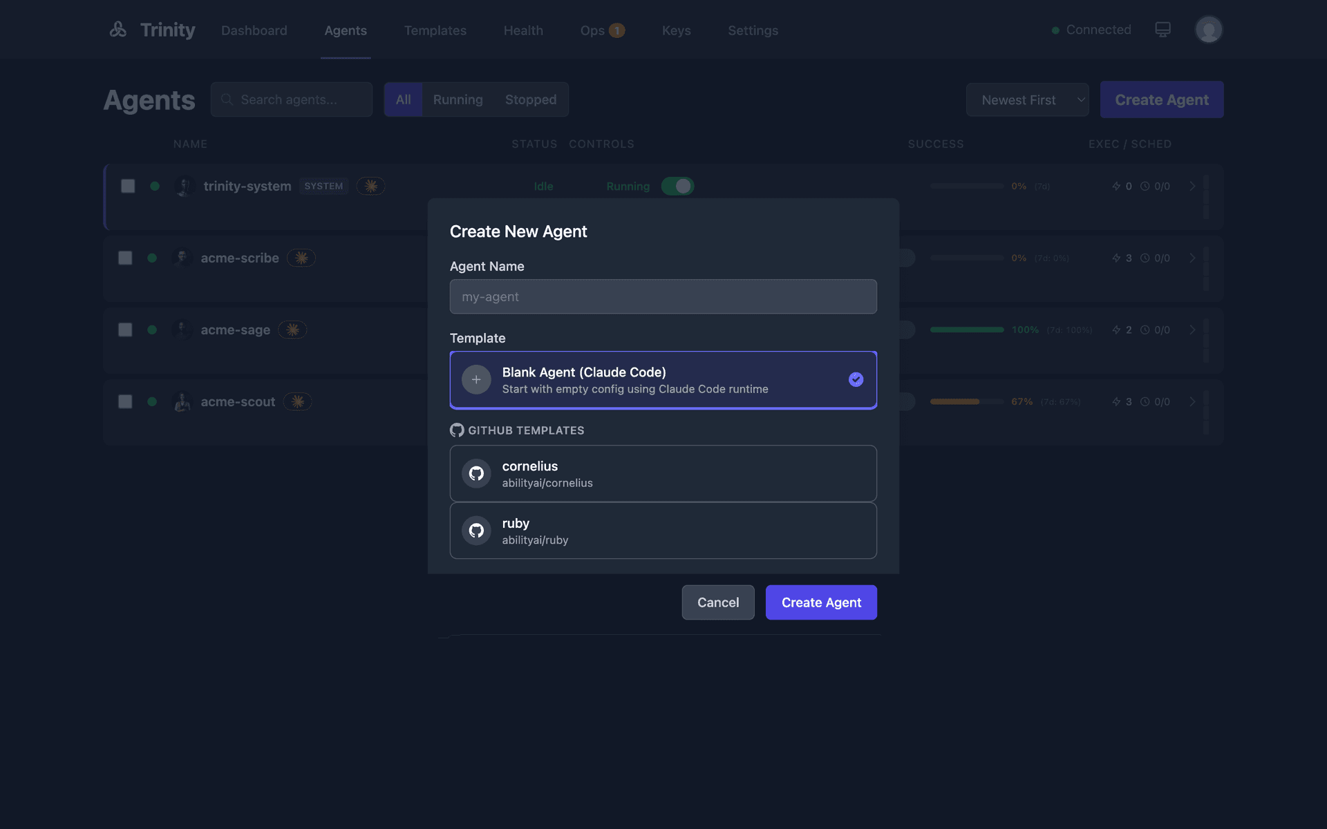 Create agent dialog showing name input and template selection
