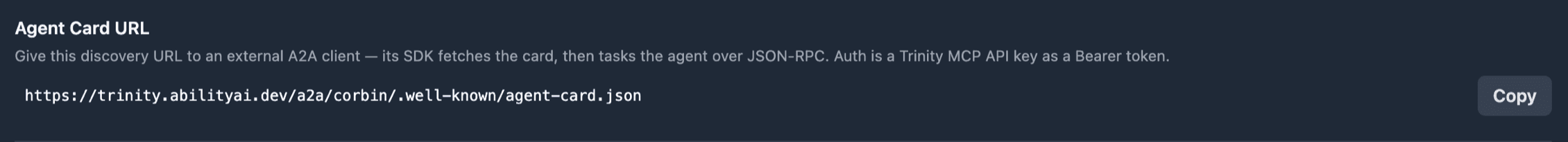 The Agent Card URL section — the public discovery URL with a one-click Copy button.