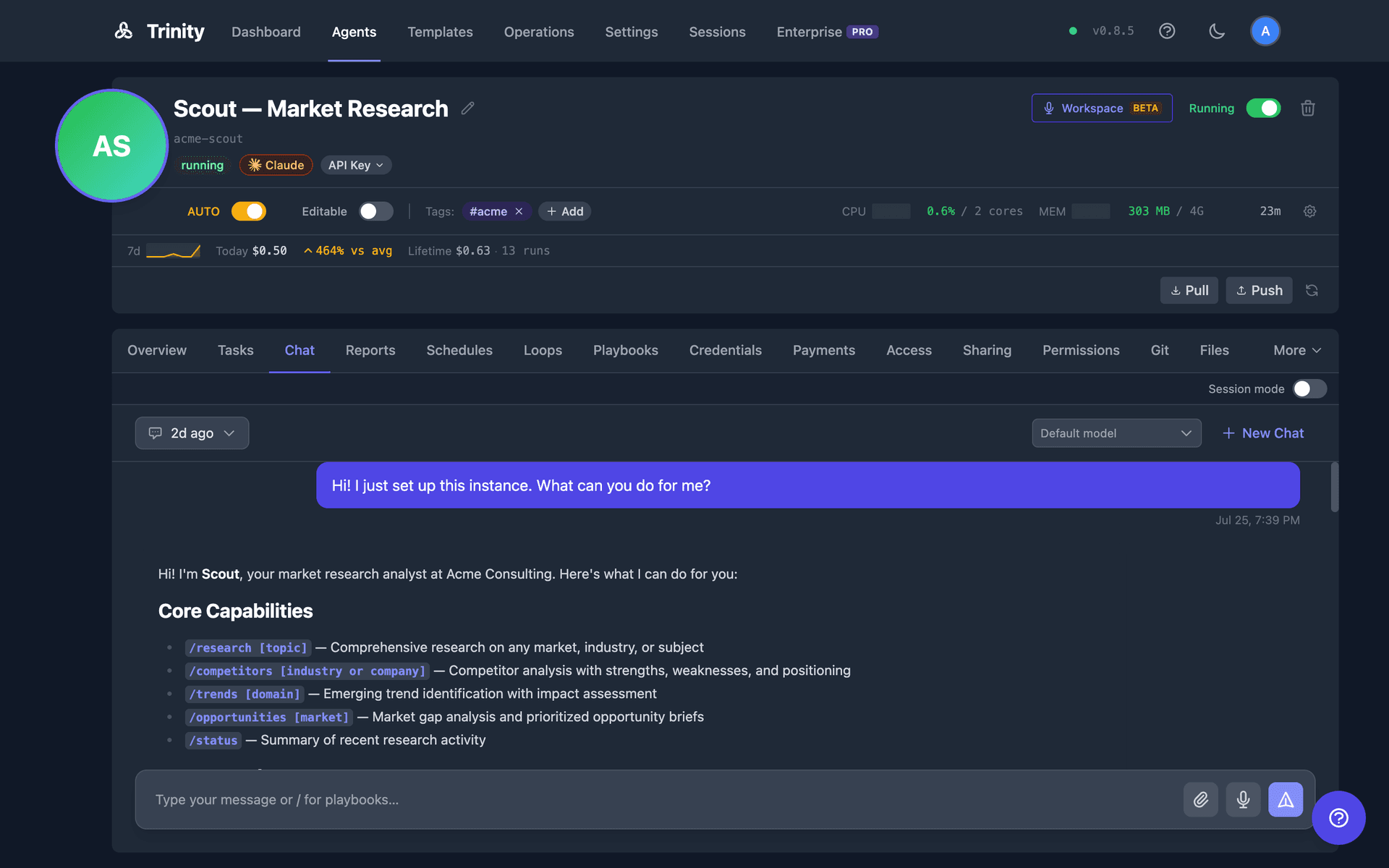 Agent chat interface with message bubbles and real-time status