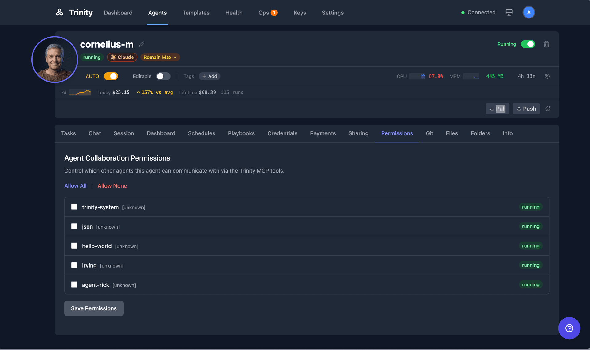 Agent detail permissions tab showing toggle checkboxes to grant or deny each agent communication access