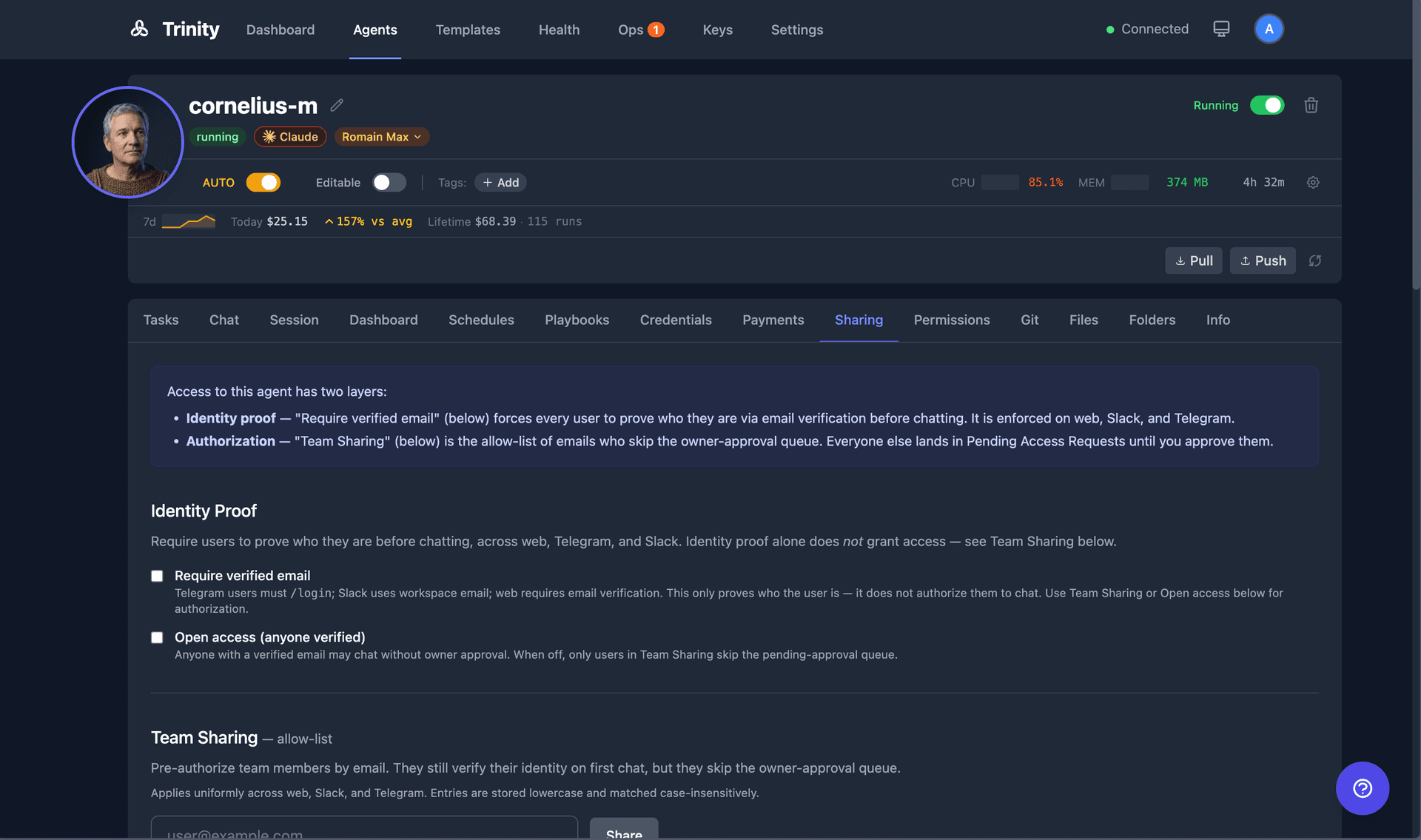 Agent Sharing tab showing channels, public chat controls, and distribution options