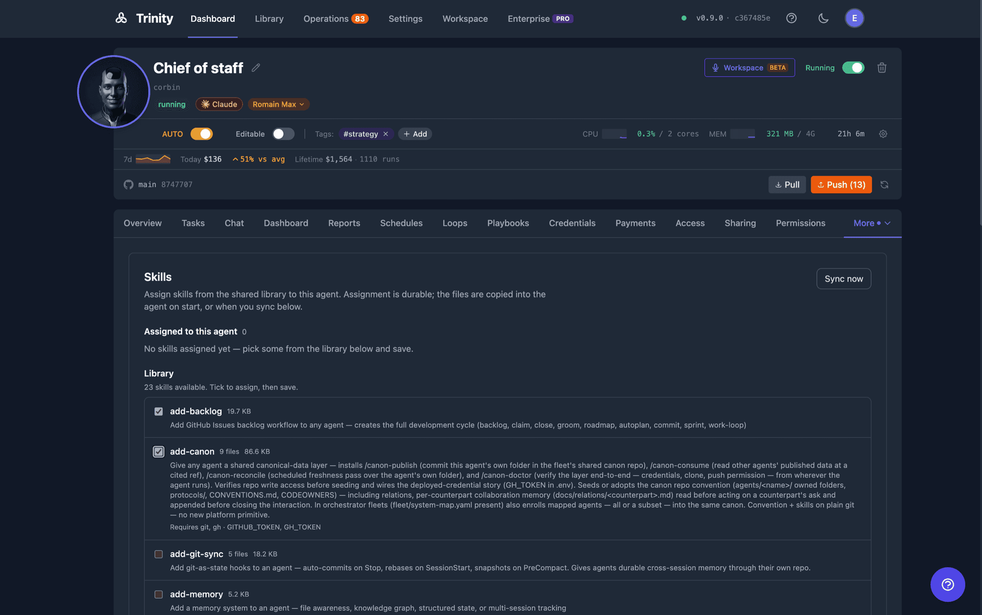 Agent Detail — Skills tab showing assigned skills with the library browse/assign surface