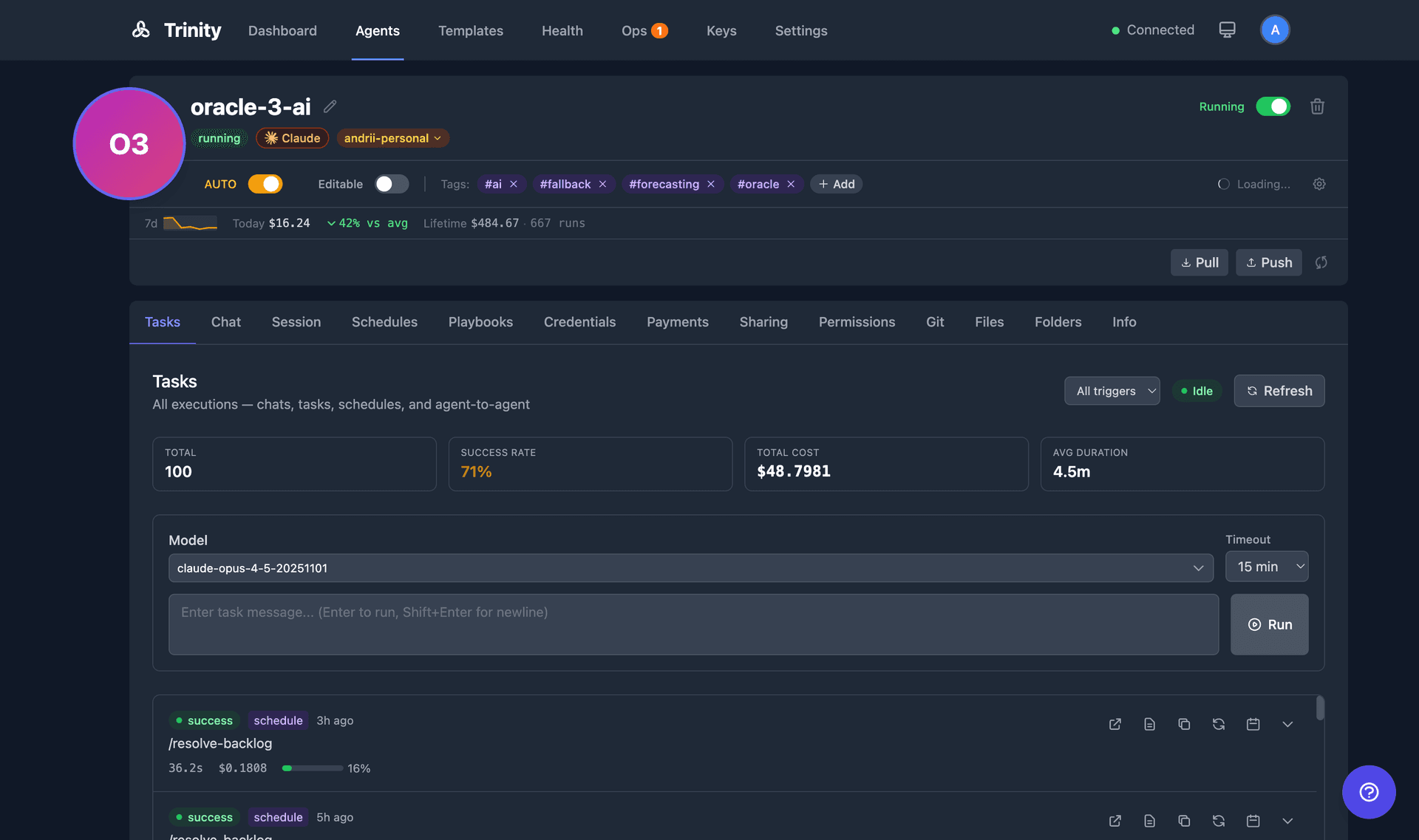 Agent detail tasks tab showing execution history