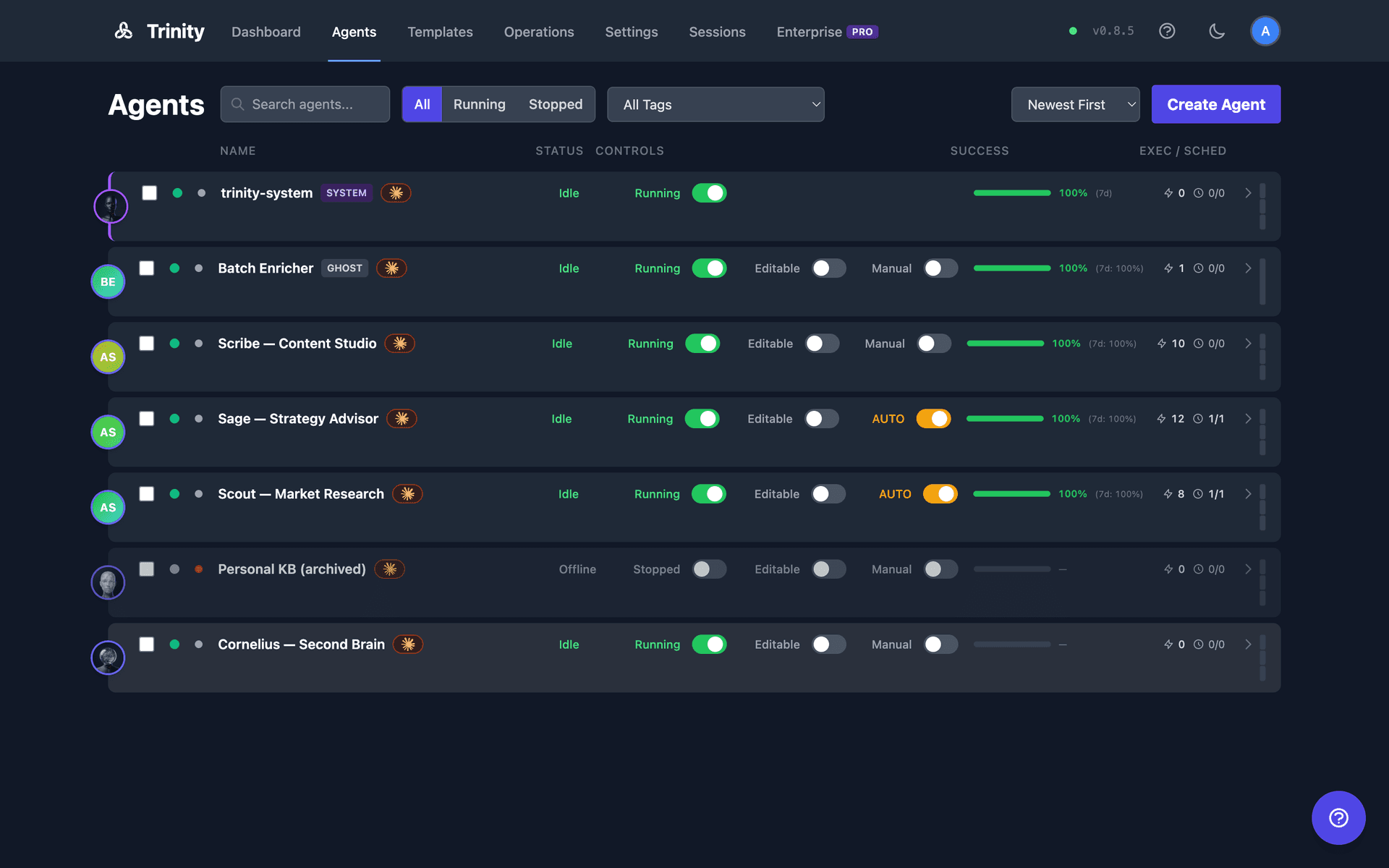 Trinity Dashboard — List view of the agent fleet