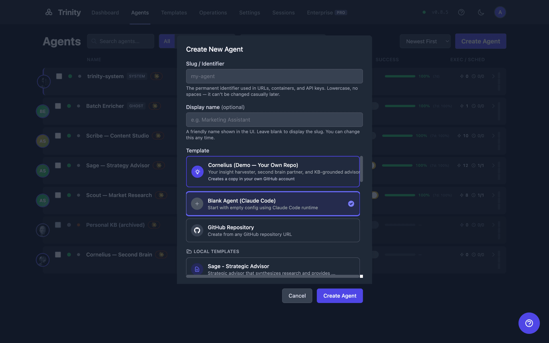 Trinity create agent dialog