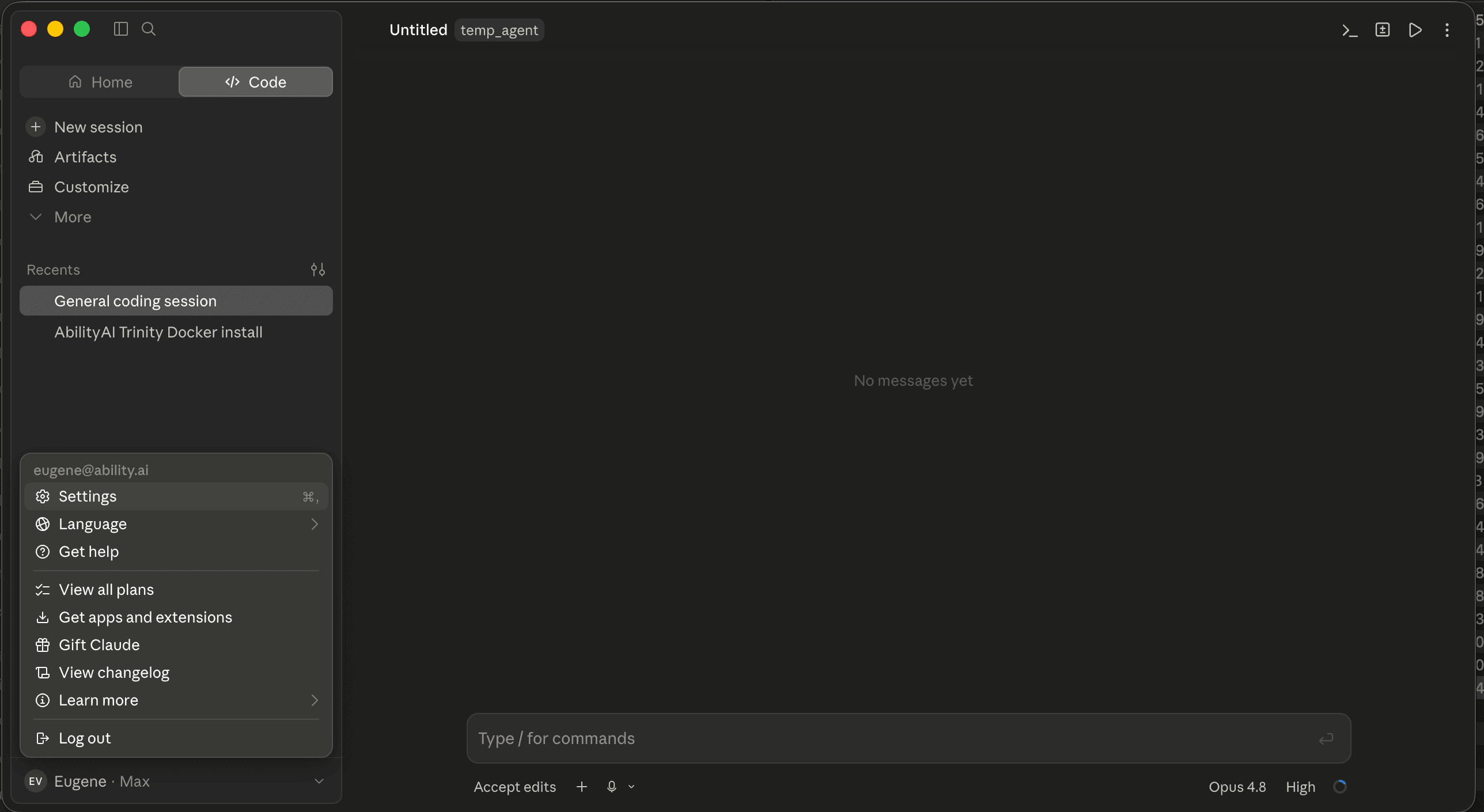 Claude Code desktop app with the account menu open, Settings highlighted