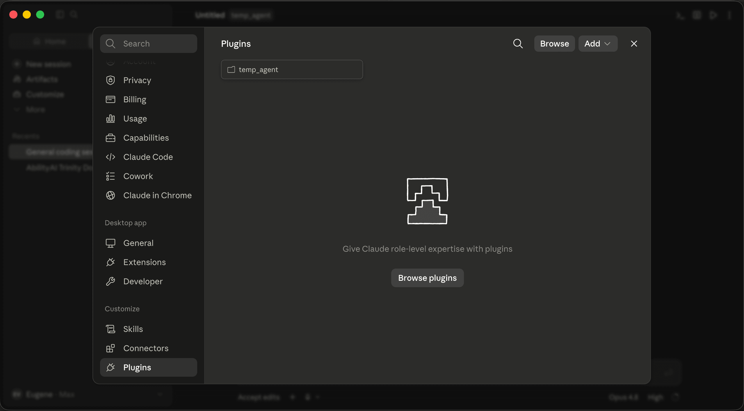 Settings dialog with the Plugins tab selected under the Customize group