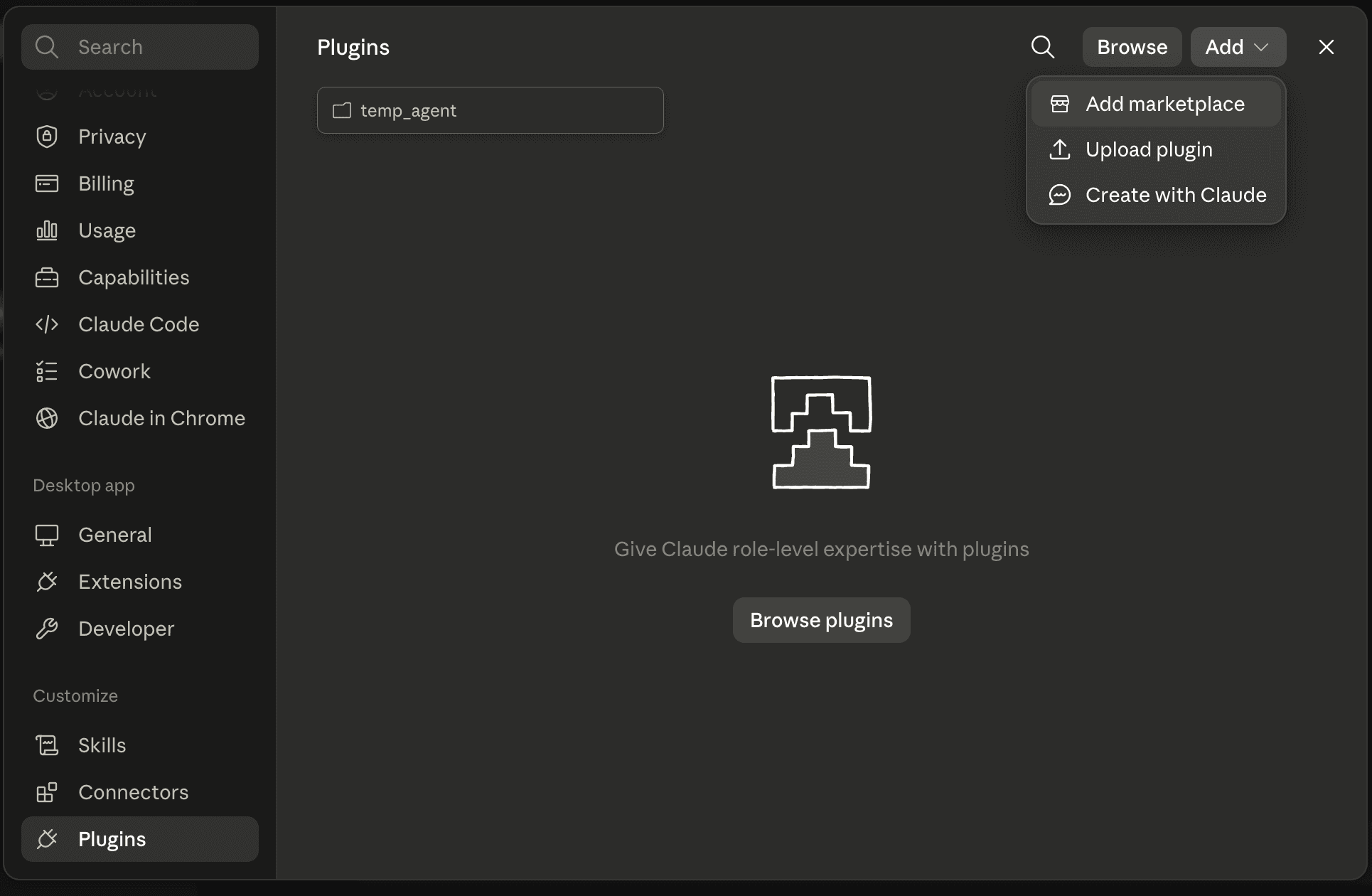 The Add dropdown in the Plugins panel showing Add marketplace, Upload plugin, and Create with Claude