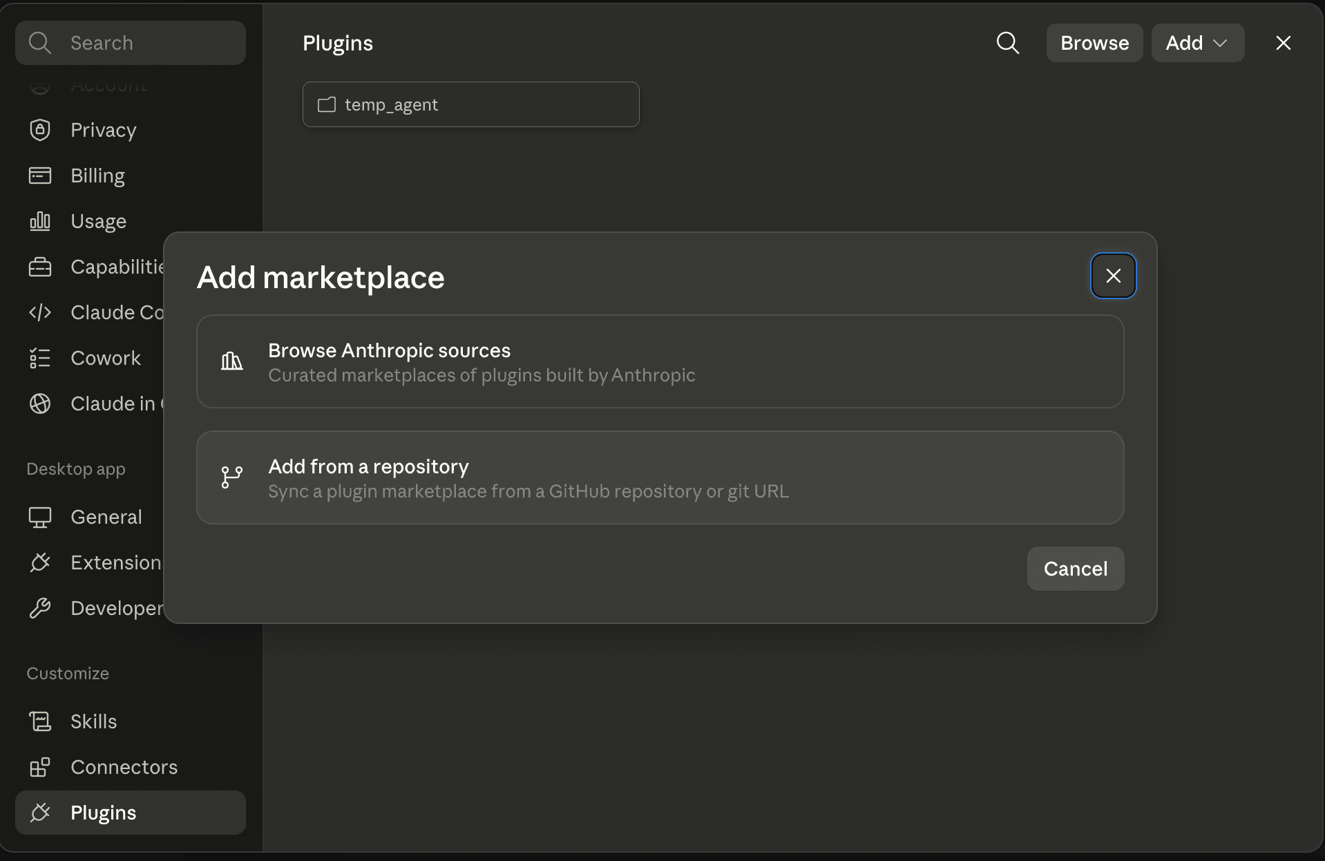 Add marketplace dialog with Browse Anthropic sources and Add from a repository options