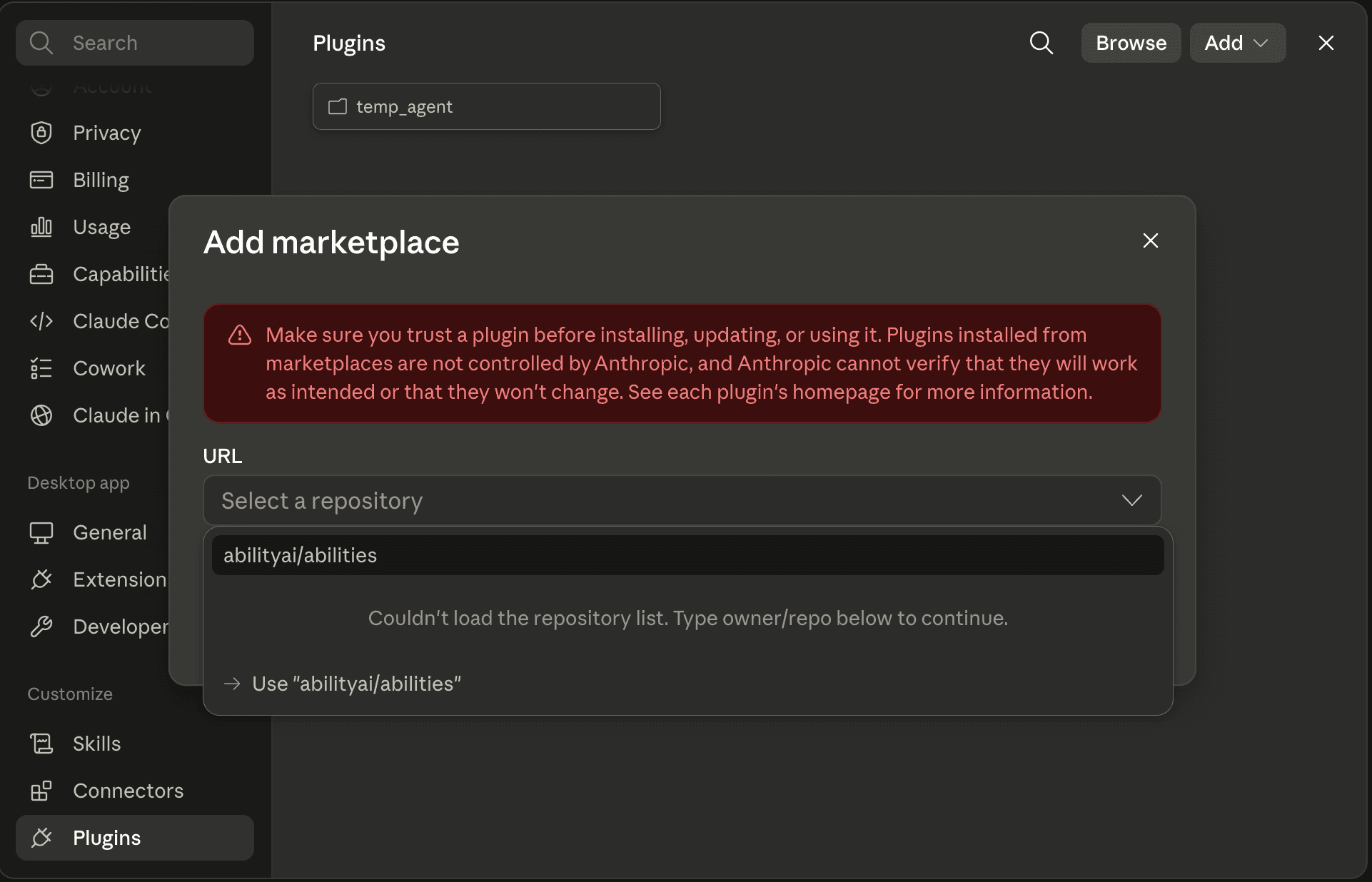 The URL field with abilityai/abilities typed in and a Use abilityai/abilities option