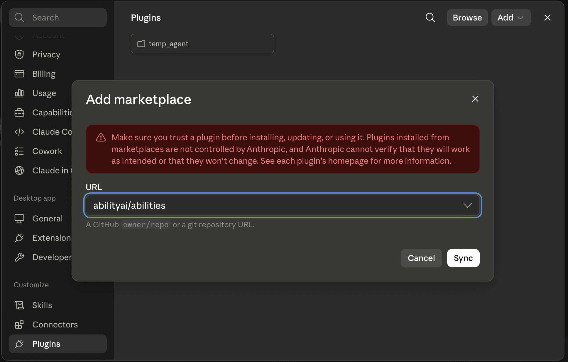 The Add marketplace dialog with abilityai/abilities filled in and a Sync button