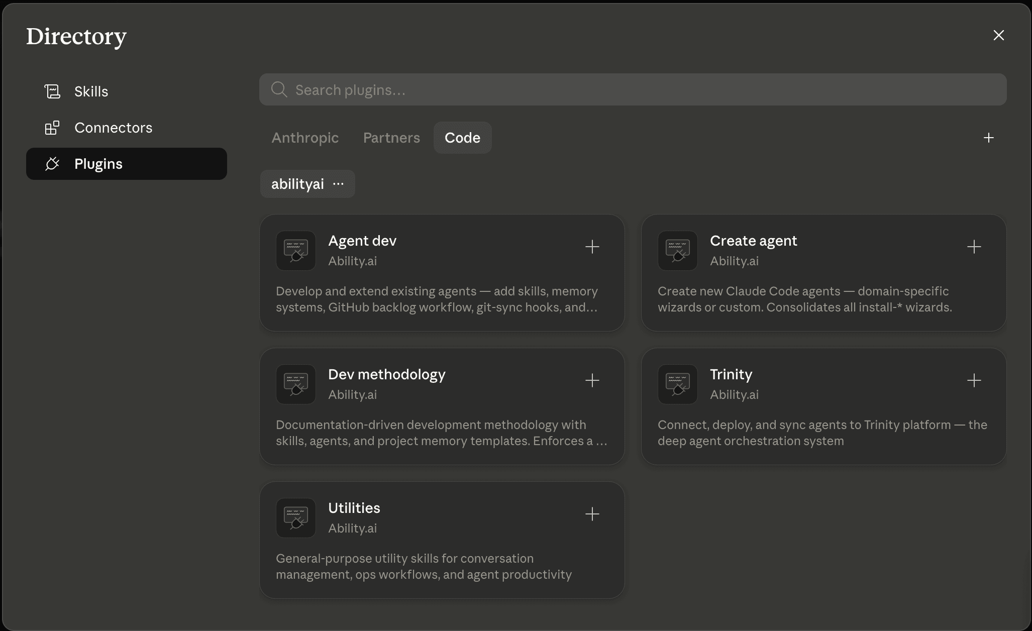 The plugin Directory listing the Ability.ai plugins: Create agent, Agent dev, Dev methodology, Trinity, and Utilities