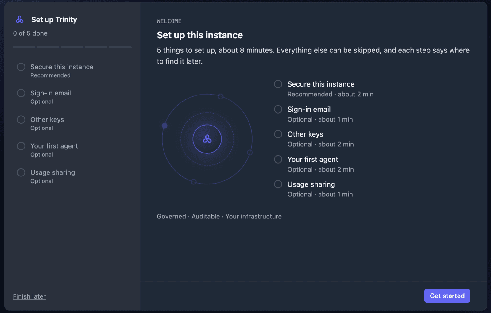 Trinity's Set up this instance screen listing five steps: Secure this instance (recommended), Sign-in email, Other keys, Your first agent, Usage sharing
