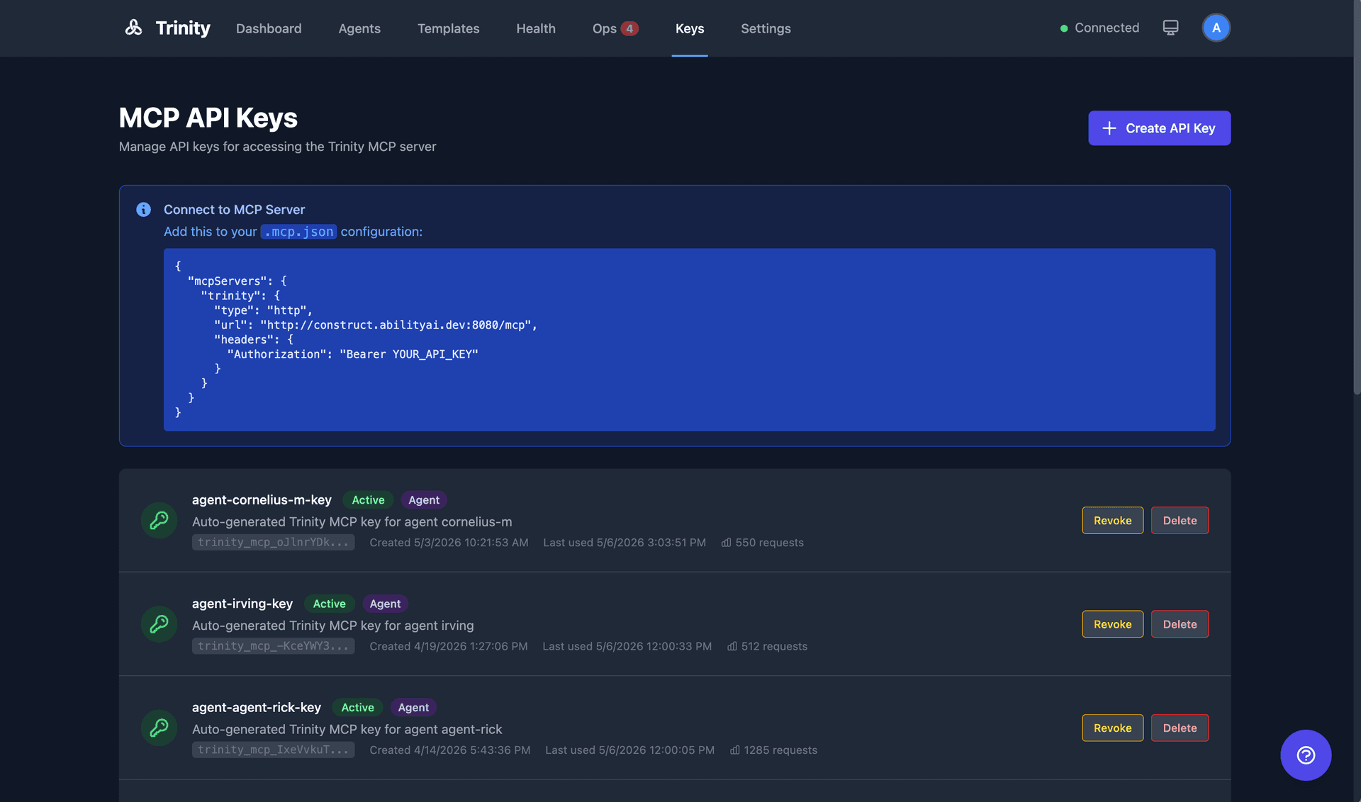 MCP API keys management interface showing key creation and listing