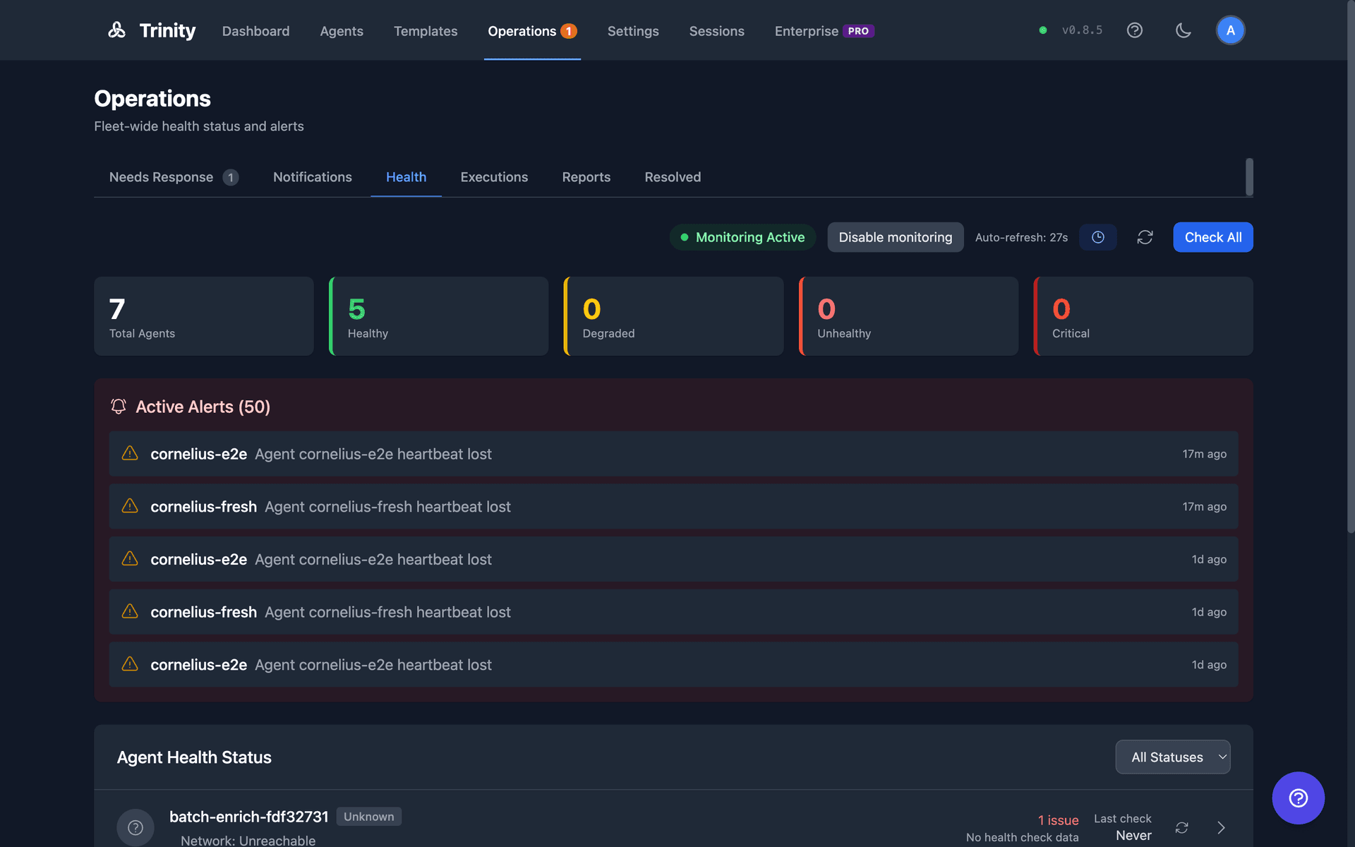 Fleet health monitoring view showing agent health statuses and metrics