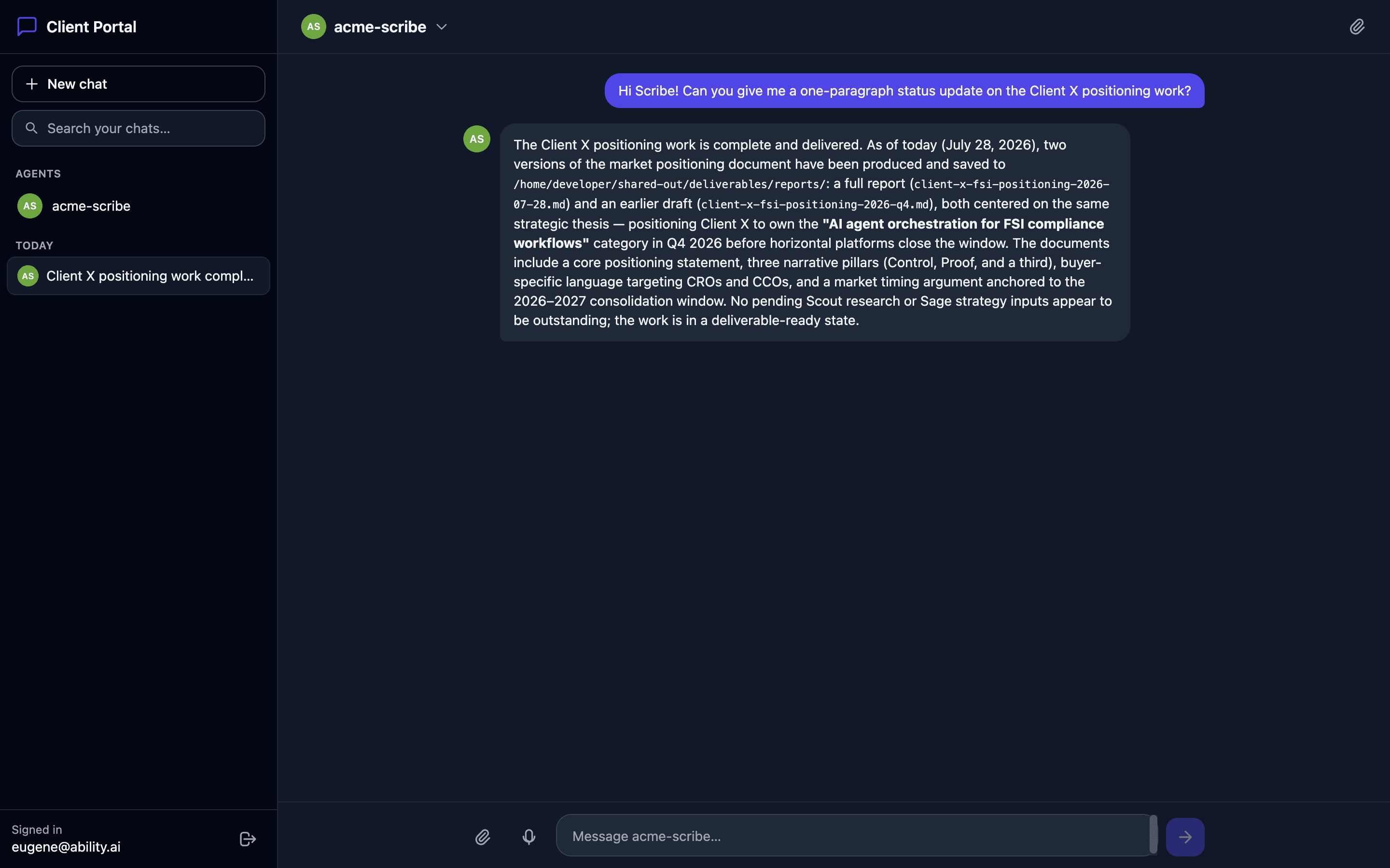 Workspace chat — the signed-in client-facing chat surface
