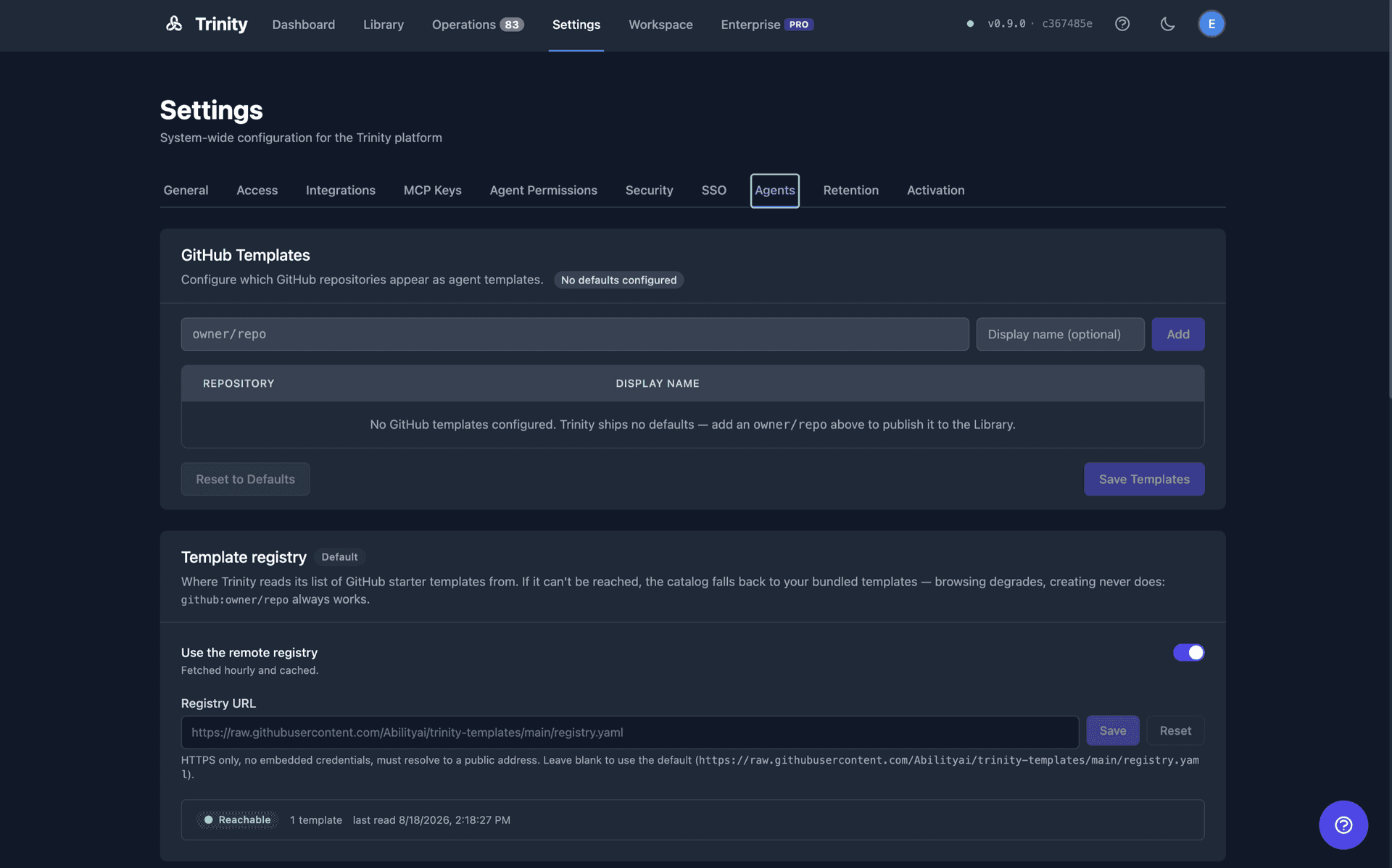 Settings → Agents — the admin-curated GitHub Templates list and the Template registry with its reachability status and last-read time