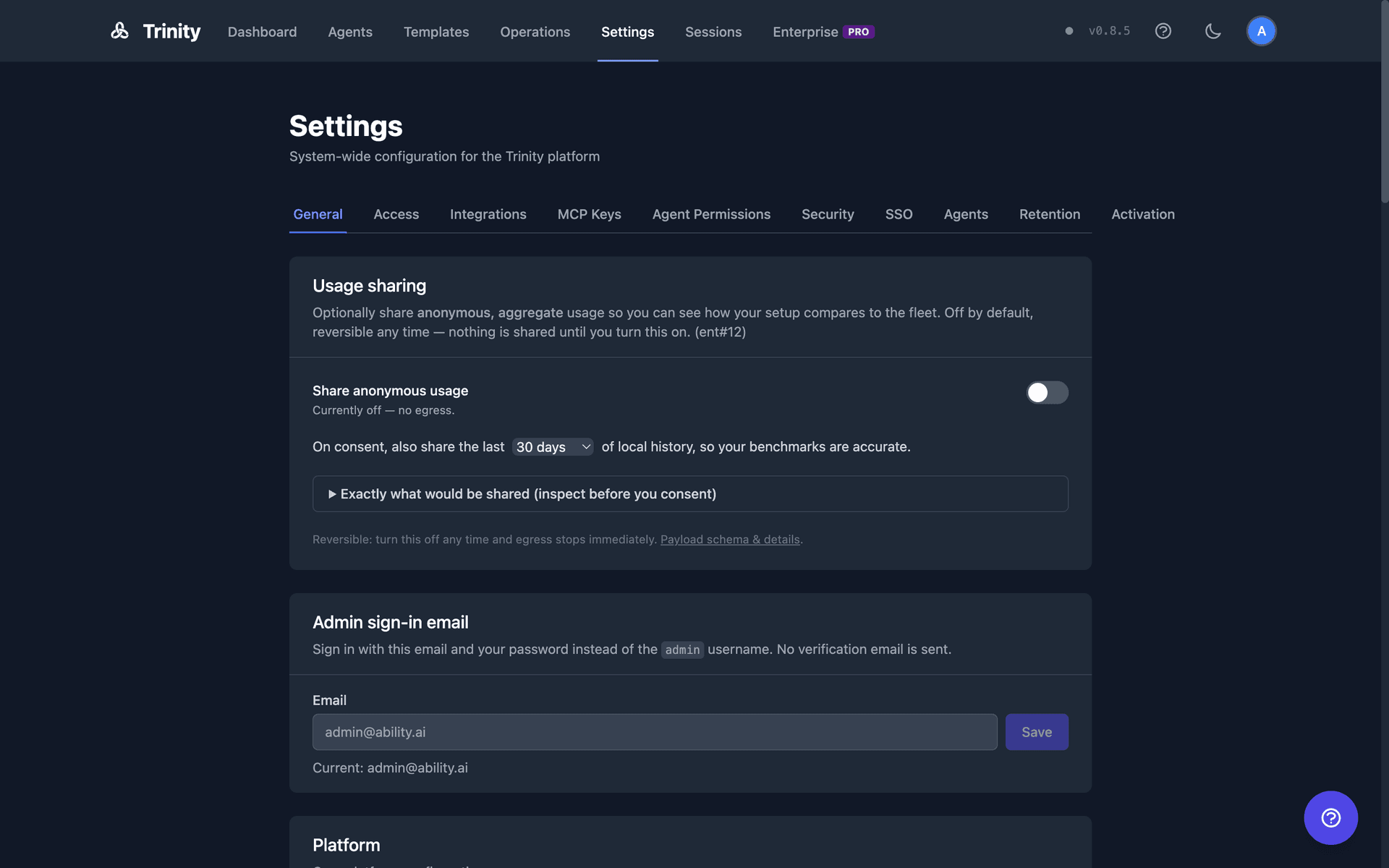 Trinity settings page