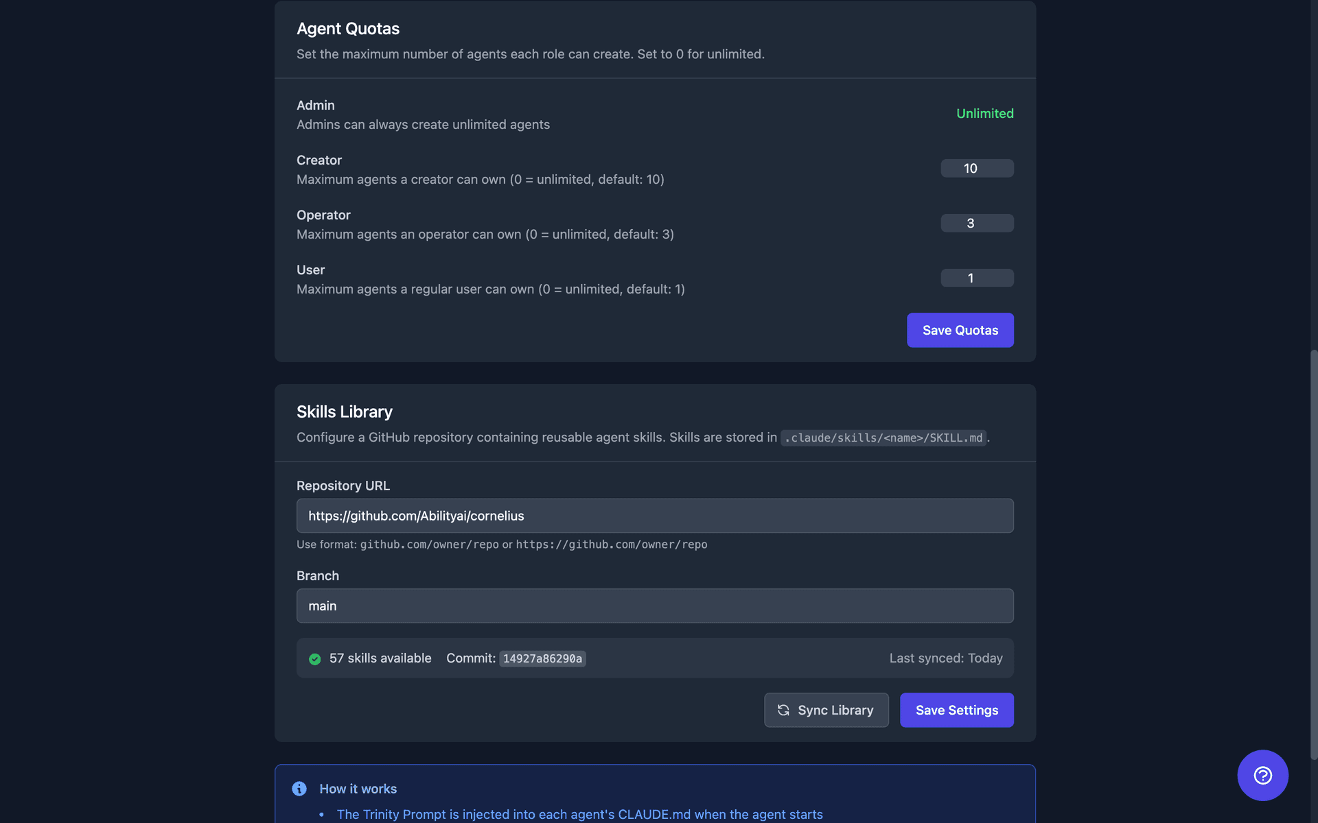 Settings — skills library sources: registered skill sources with sync status, ref pin, and priority