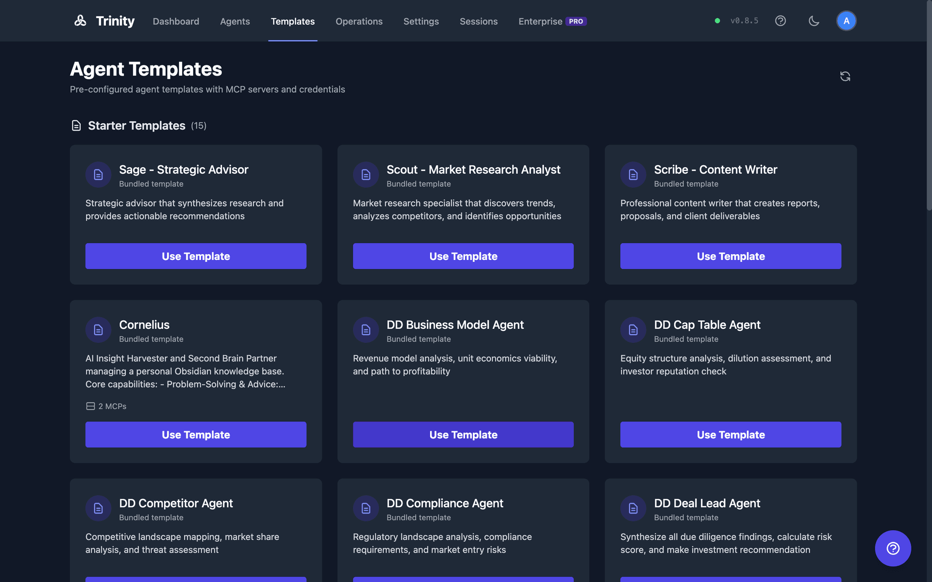 Template selection page showing available agent templates as cards