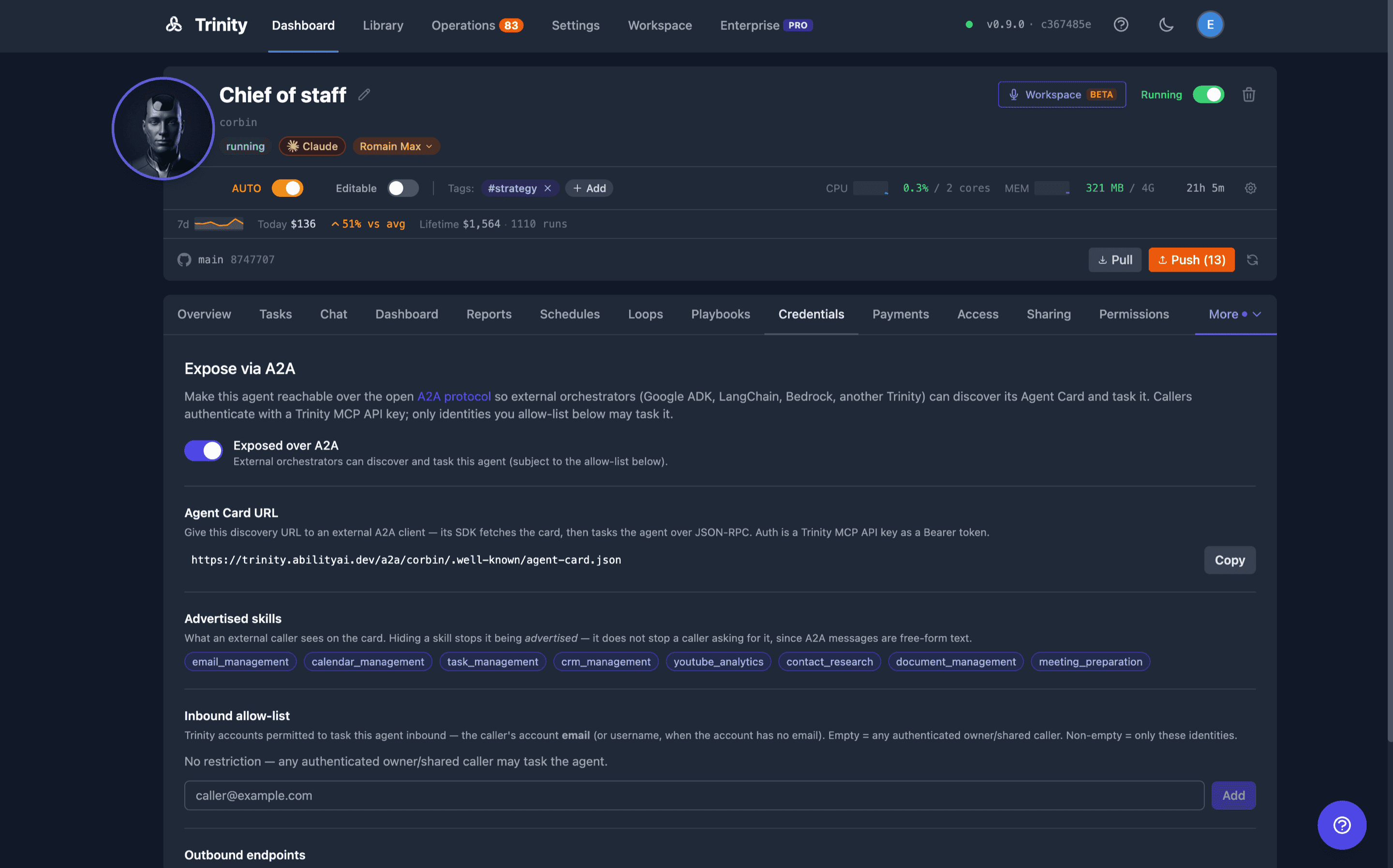 The Expose via A2A panel — exposure toggle, Agent Card URL, advertised skills, inbound allow-list