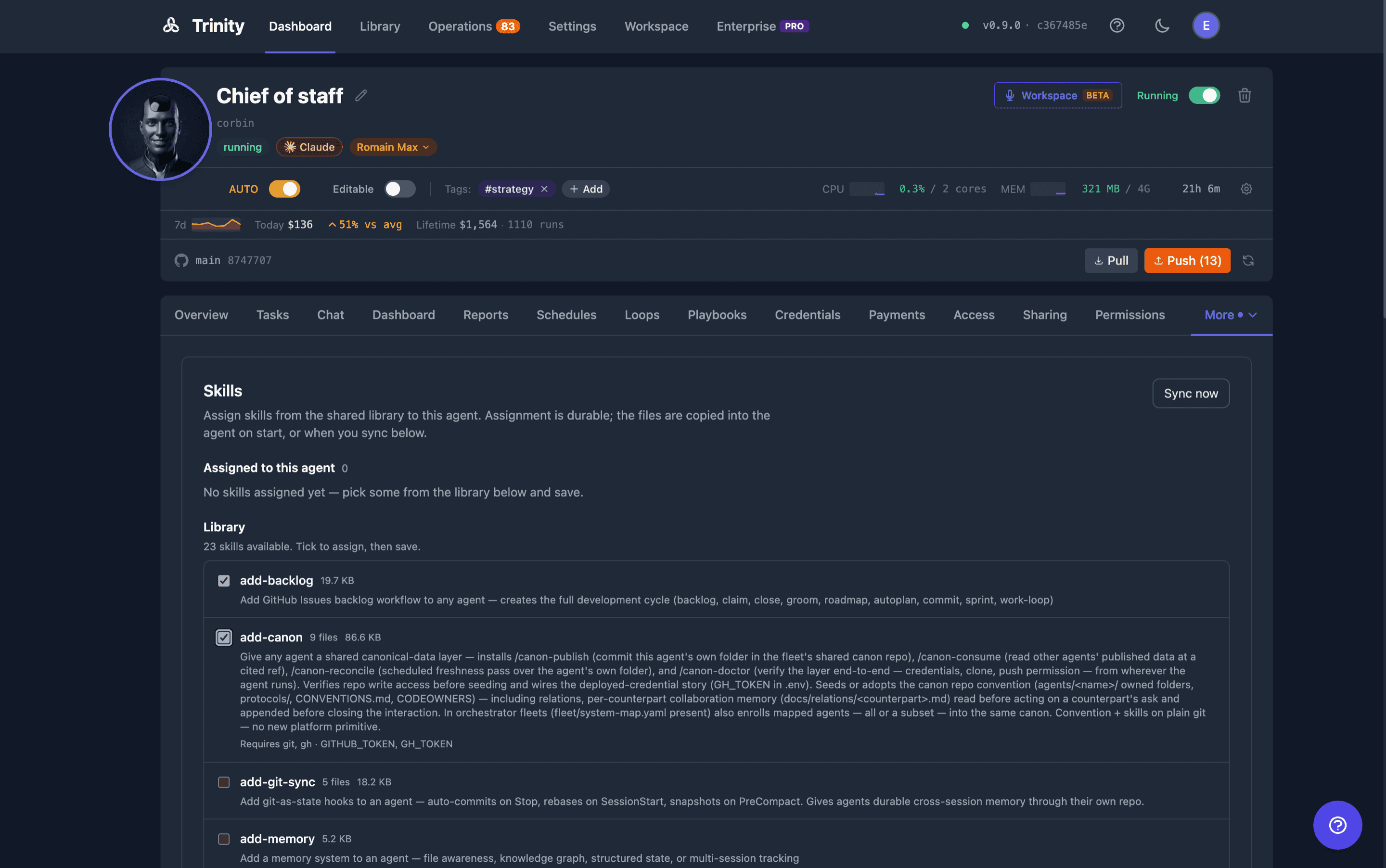 Agent Detail — the rebuilt Skills tab with assignment and the library list