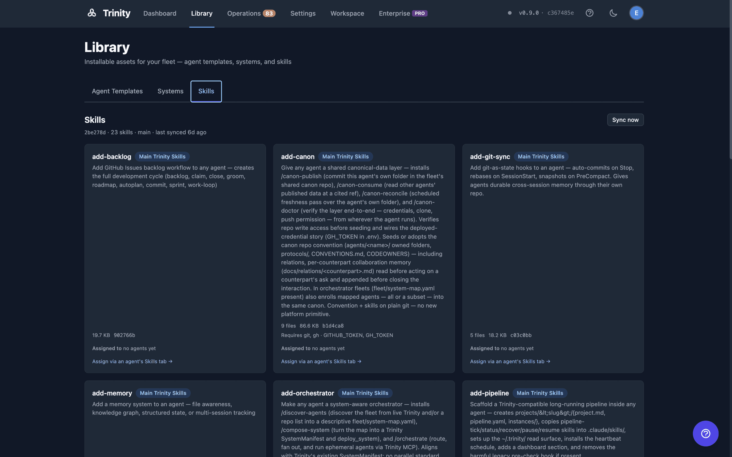 Library → Skills — the merged catalog with source badges and Sync now