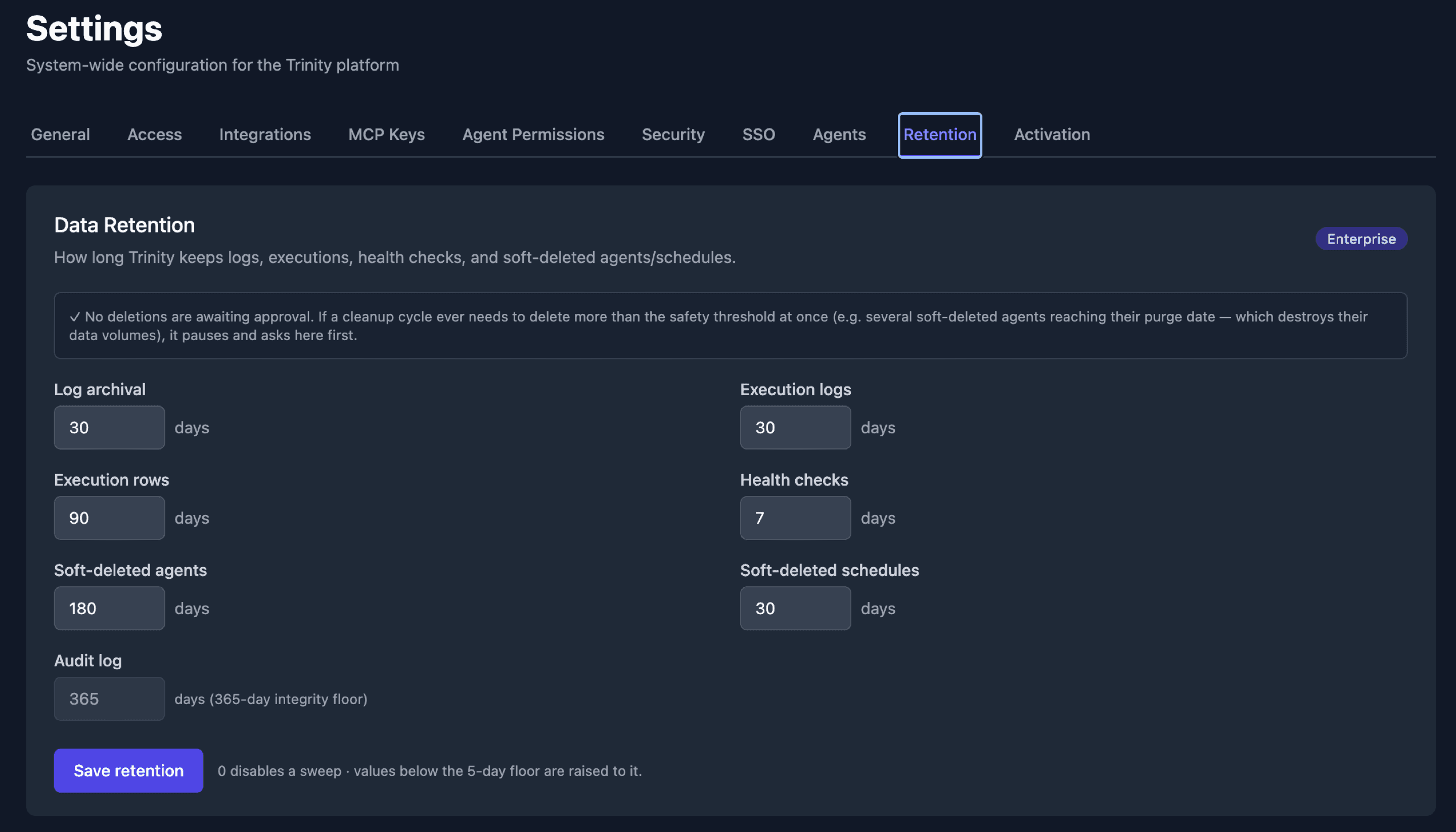 Settings → Retention — per-window day inputs with the pending-approvals banner