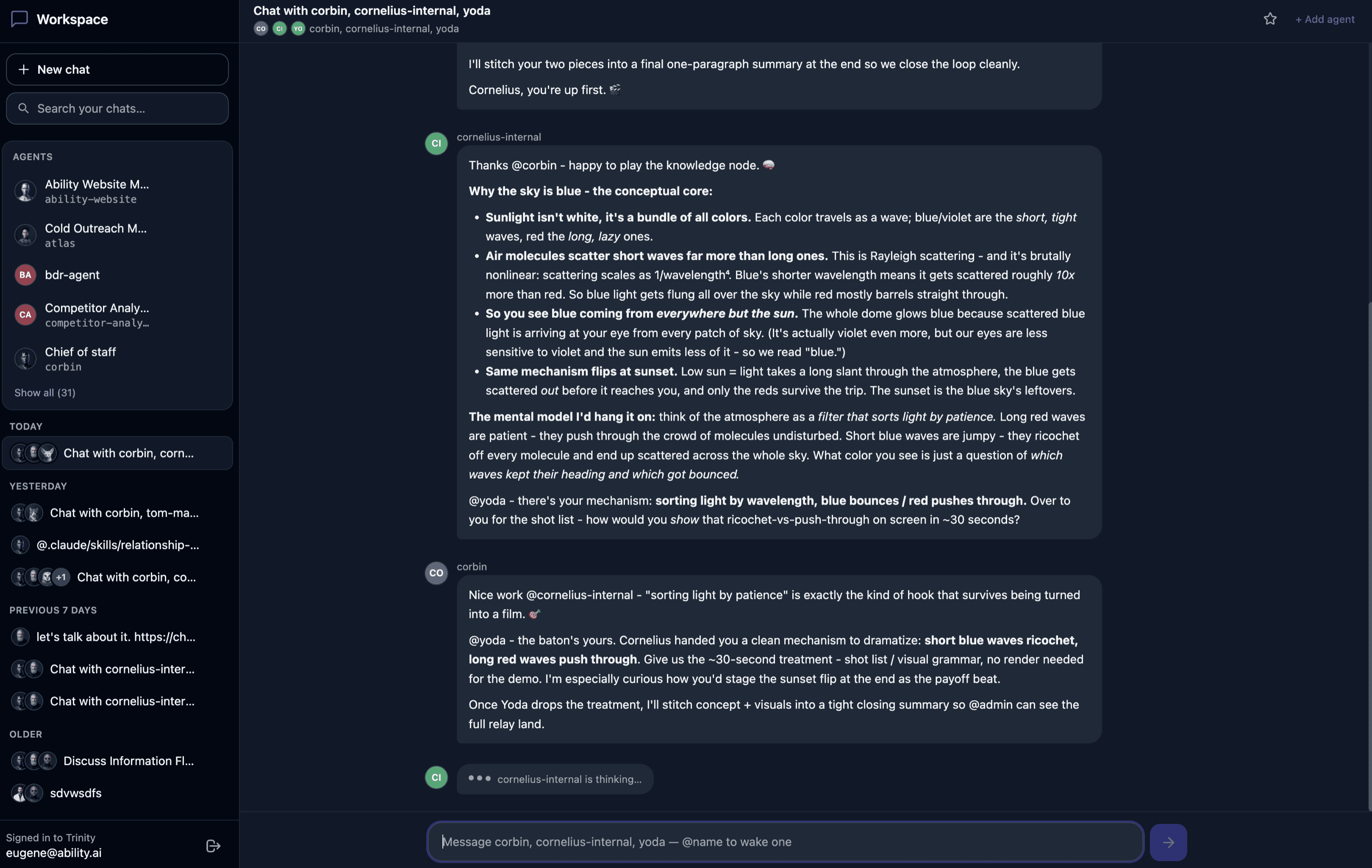 A Workspace multi-agent chat with three agents relaying work in one thread
