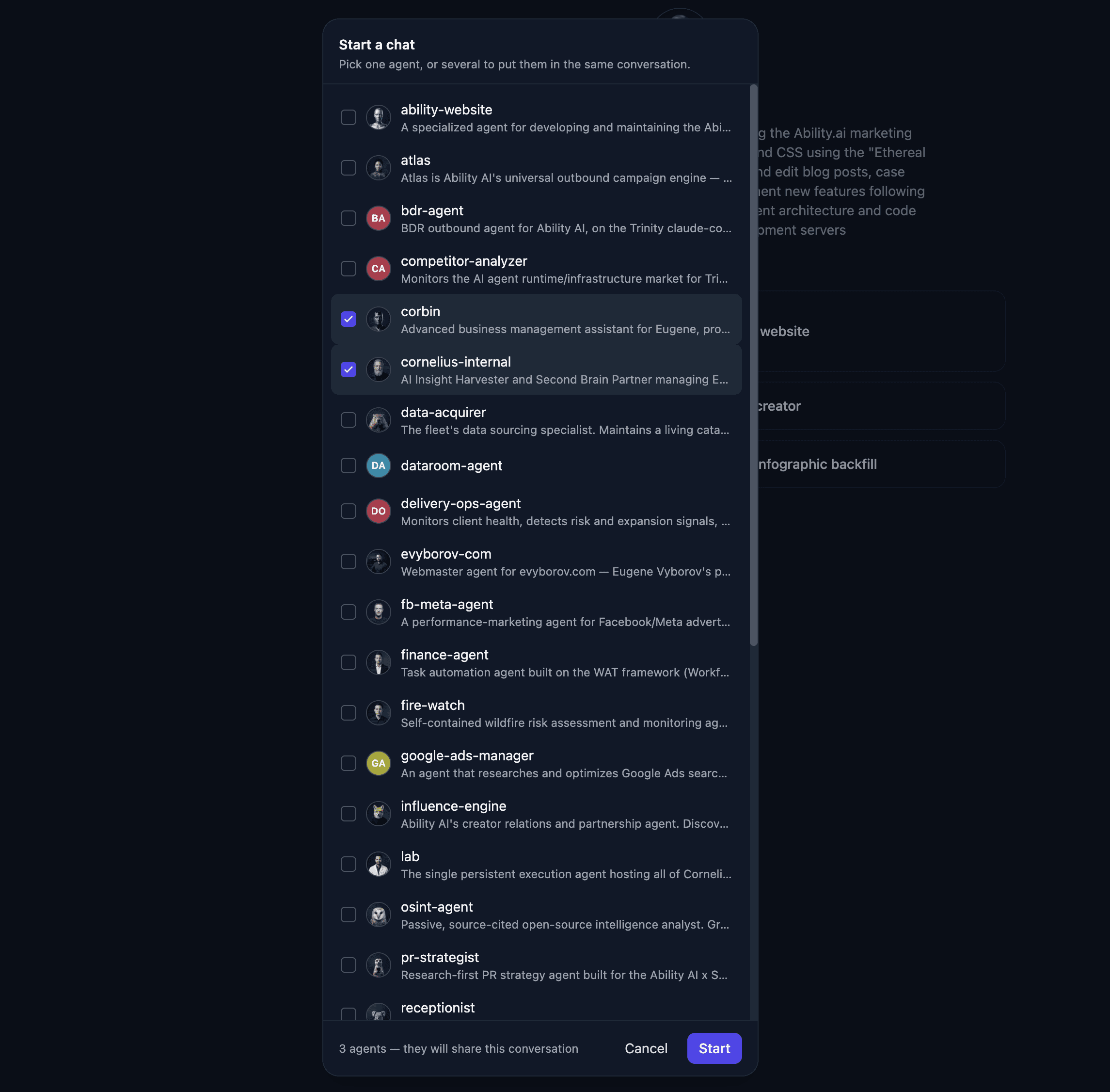The Start a chat picker — pick one agent, or select several to put them in the same conversation