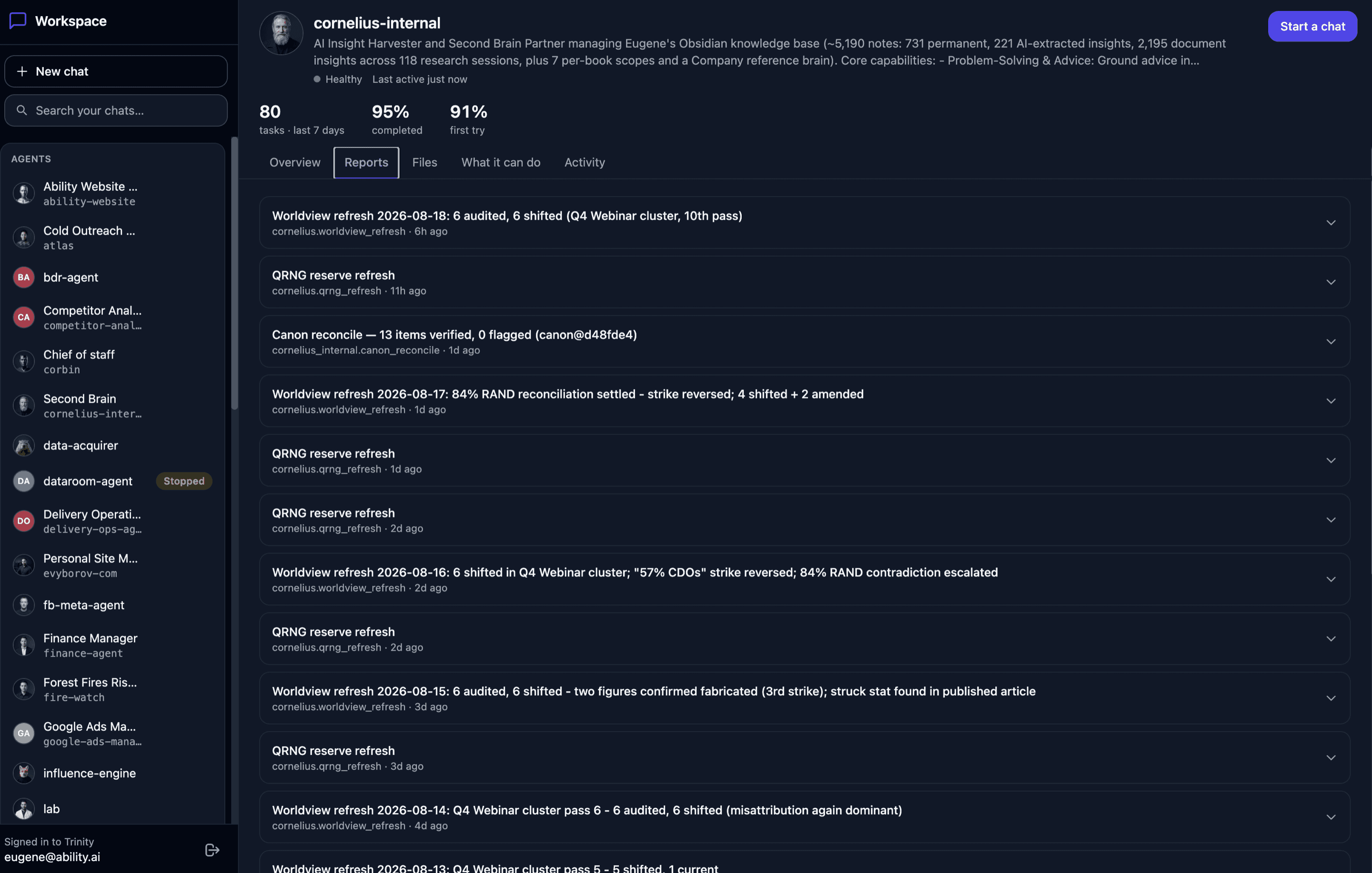 An agent's Reports tab — a chronological list of published reports with type slugs and ages; expand a card to read the payload