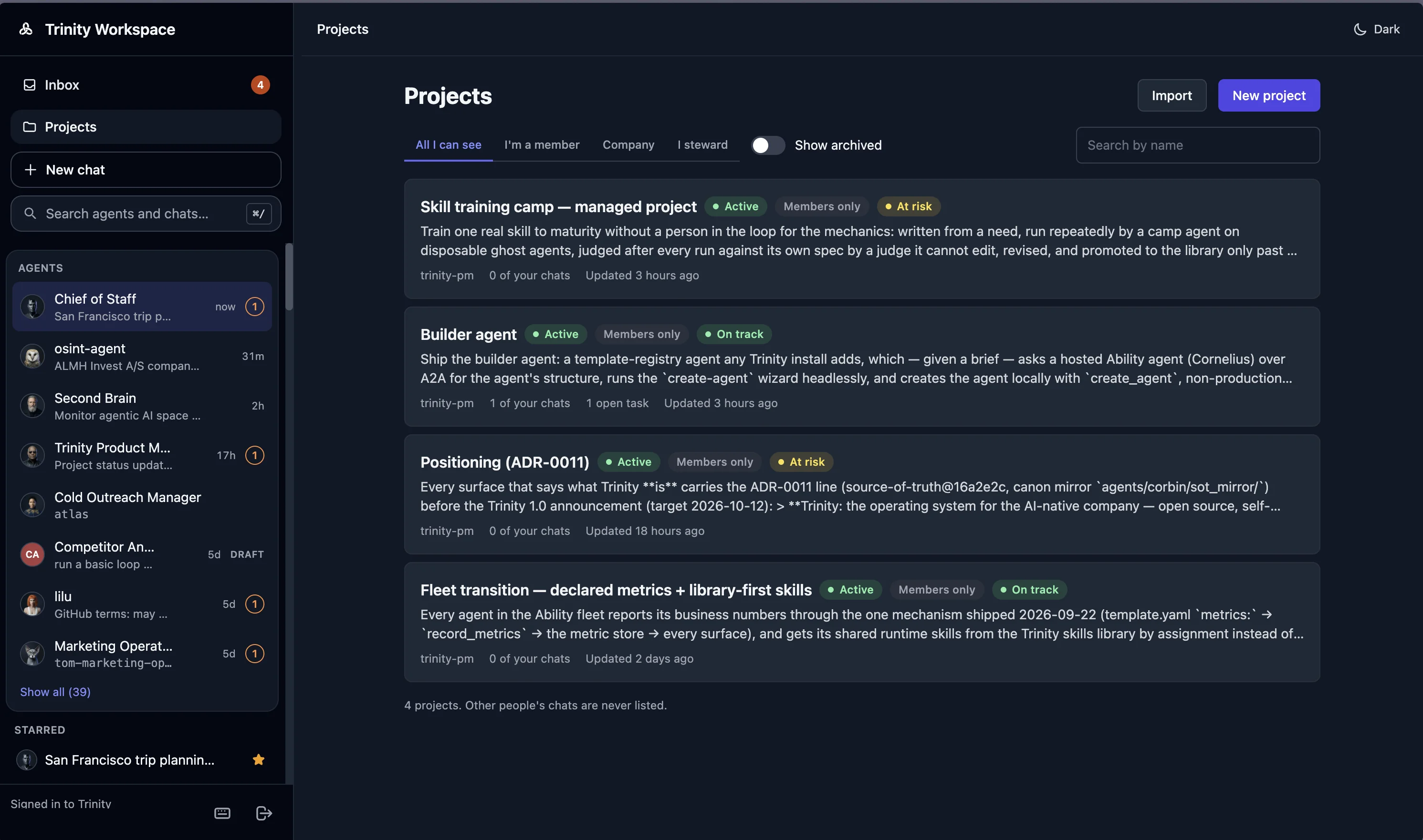 The Workspace Projects list — each project with its status, visibility and health badge, plus filters for All I can see, I'm a member, Company and I steward