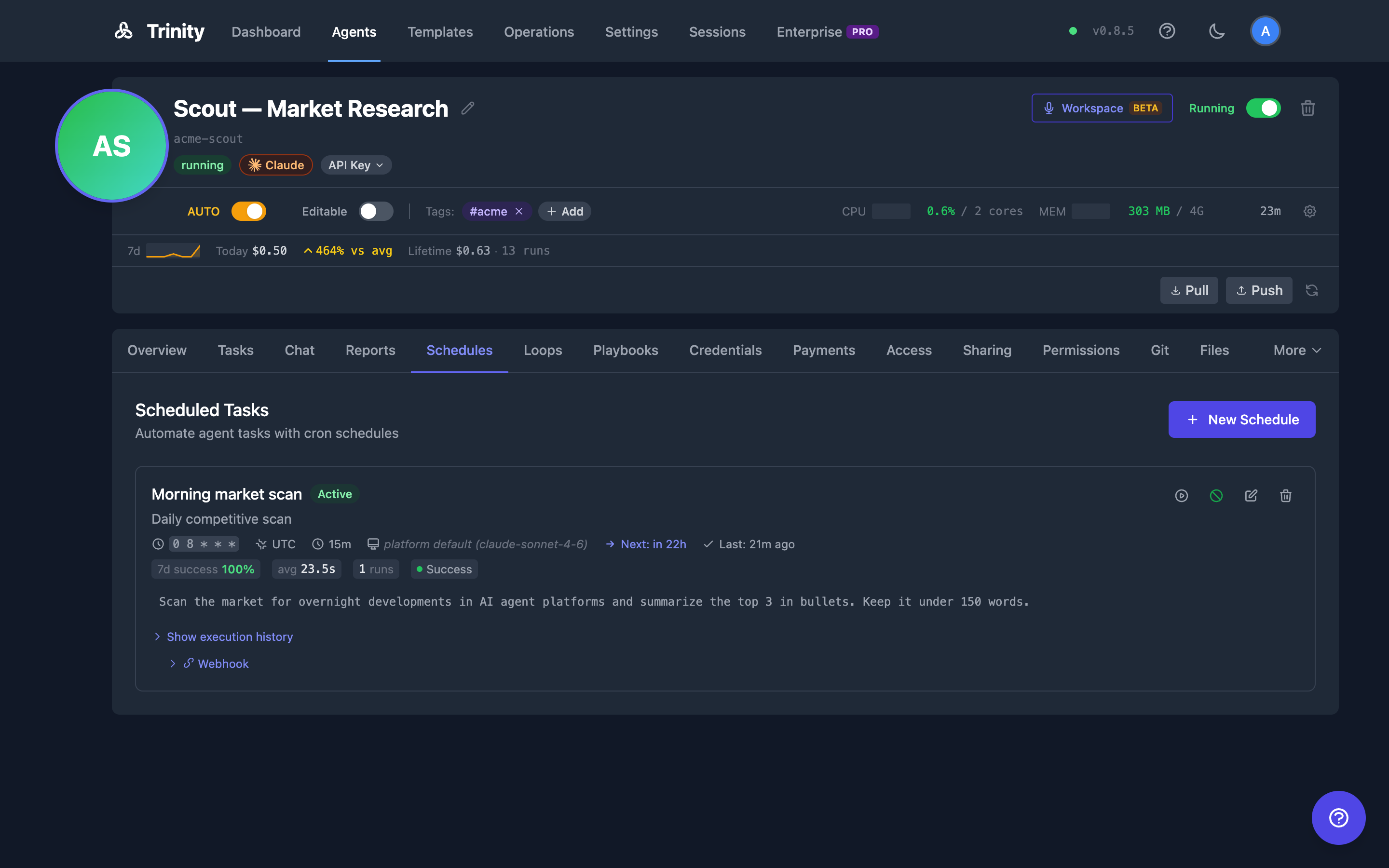Agent Schedules tab showing three active weekly schedules with cron expressions and execution history
