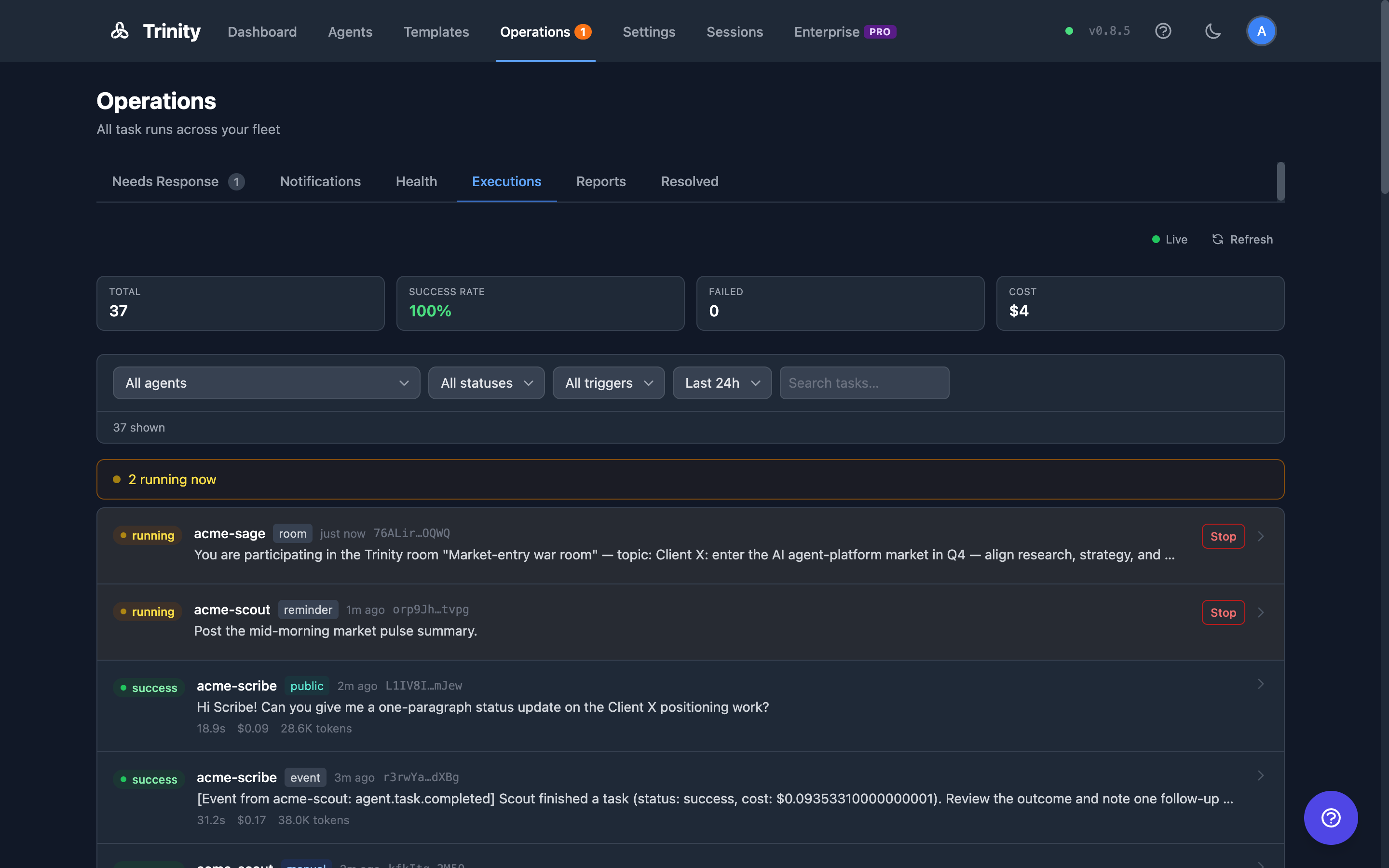 The Operations page Executions tab with a running execution tagged reminder alongside room, public, and event triggers