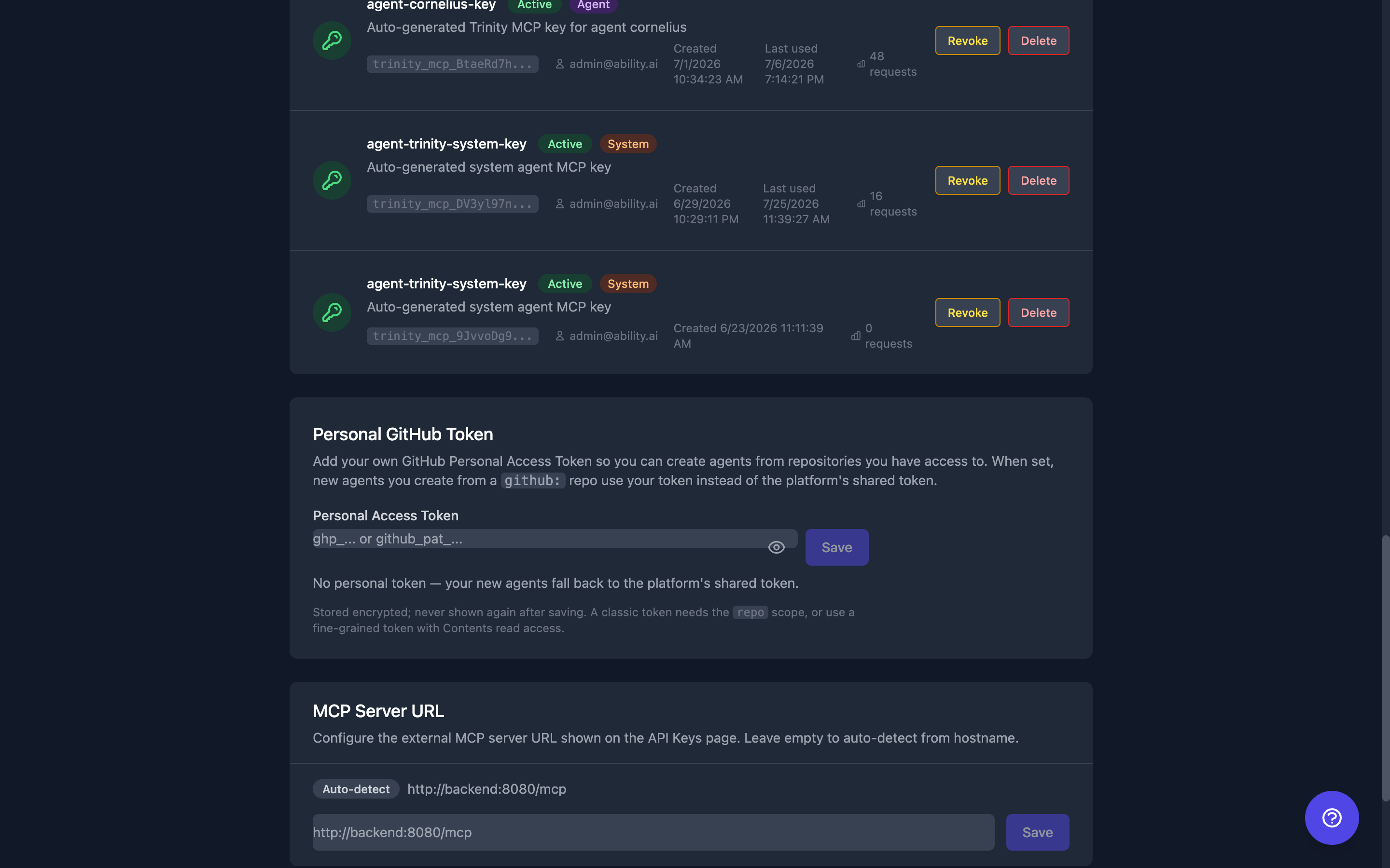 The Personal GitHub Token panel in Settings — a Personal Access Token field with Save, the status line saying no personal token is set so new agents fall back to the platform's shared token, and the note that the token is stored encrypted and never shown again